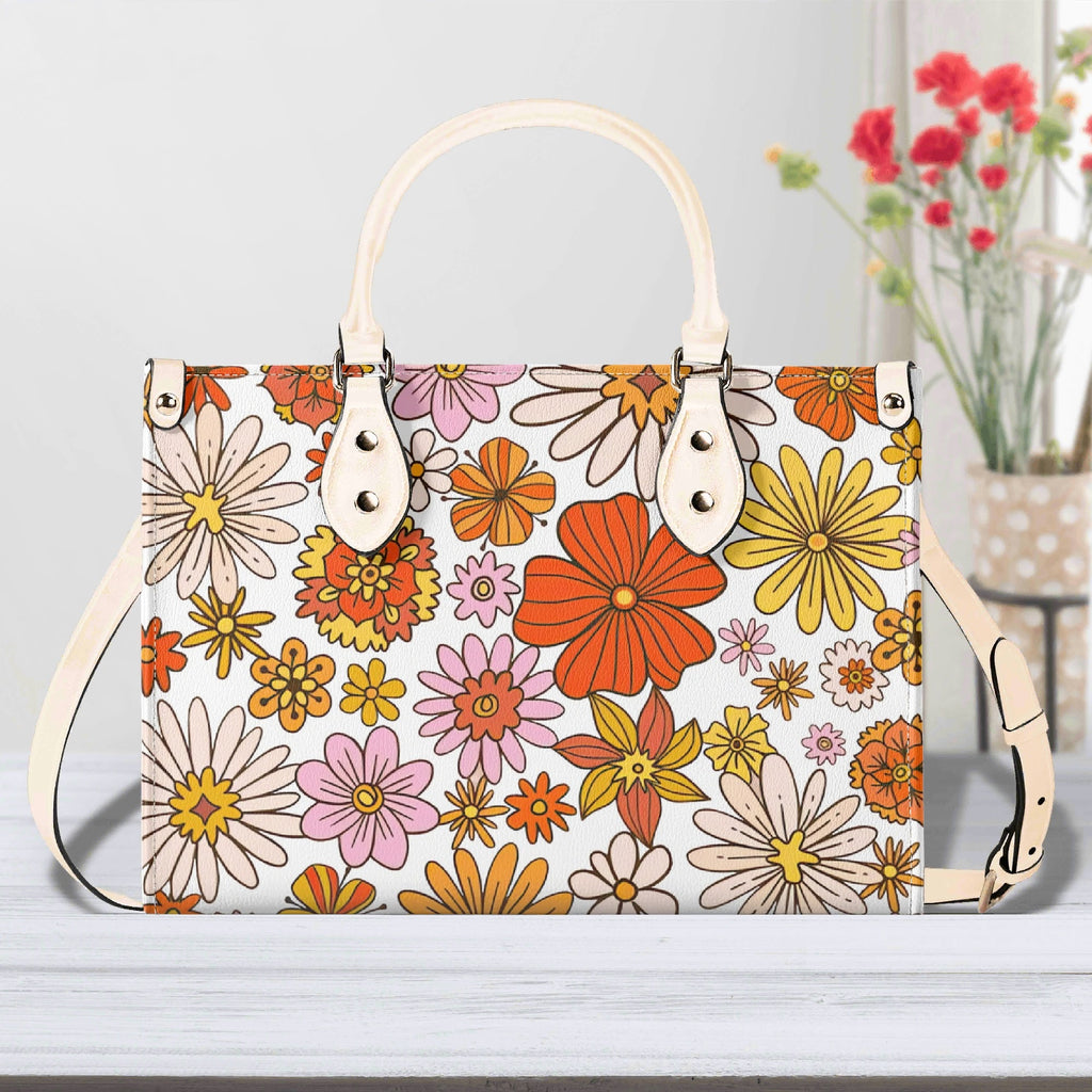 Orange Retro Floral Luxury PU Leather Handbag Beige Luxury PU Leather Handbag Plants Printed Offshore Retro