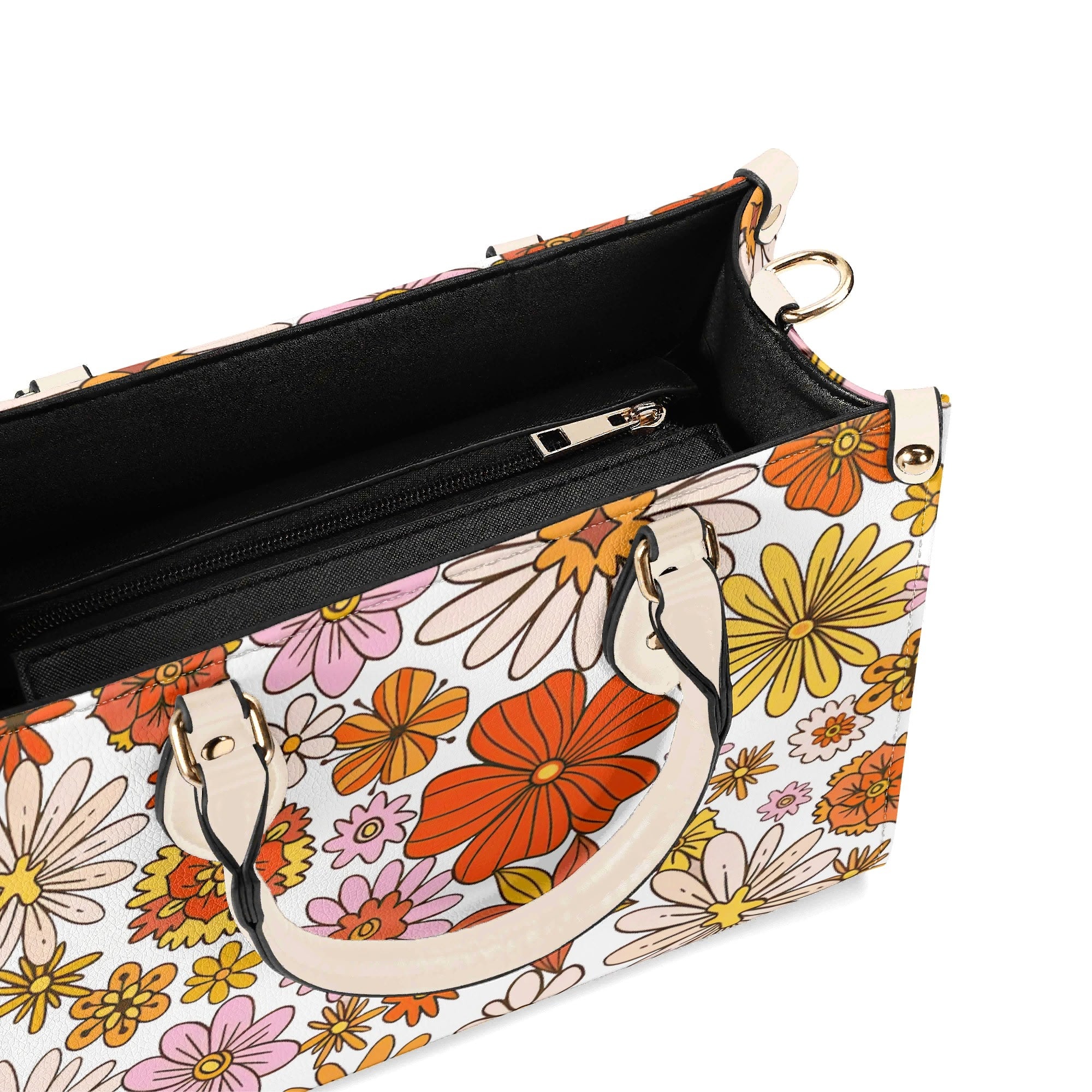 Orange Retro Floral Luxury PU Leather Handbag Luxury PU Leather Handbag Plants Printed Offshore Retro
