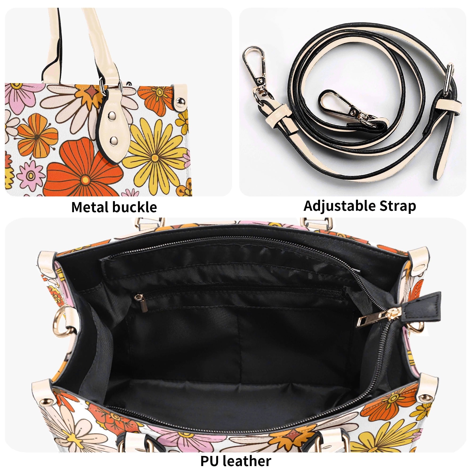 Orange Retro Floral Luxury PU Leather Handbag Luxury PU Leather Handbag Plants Printed Offshore Retro