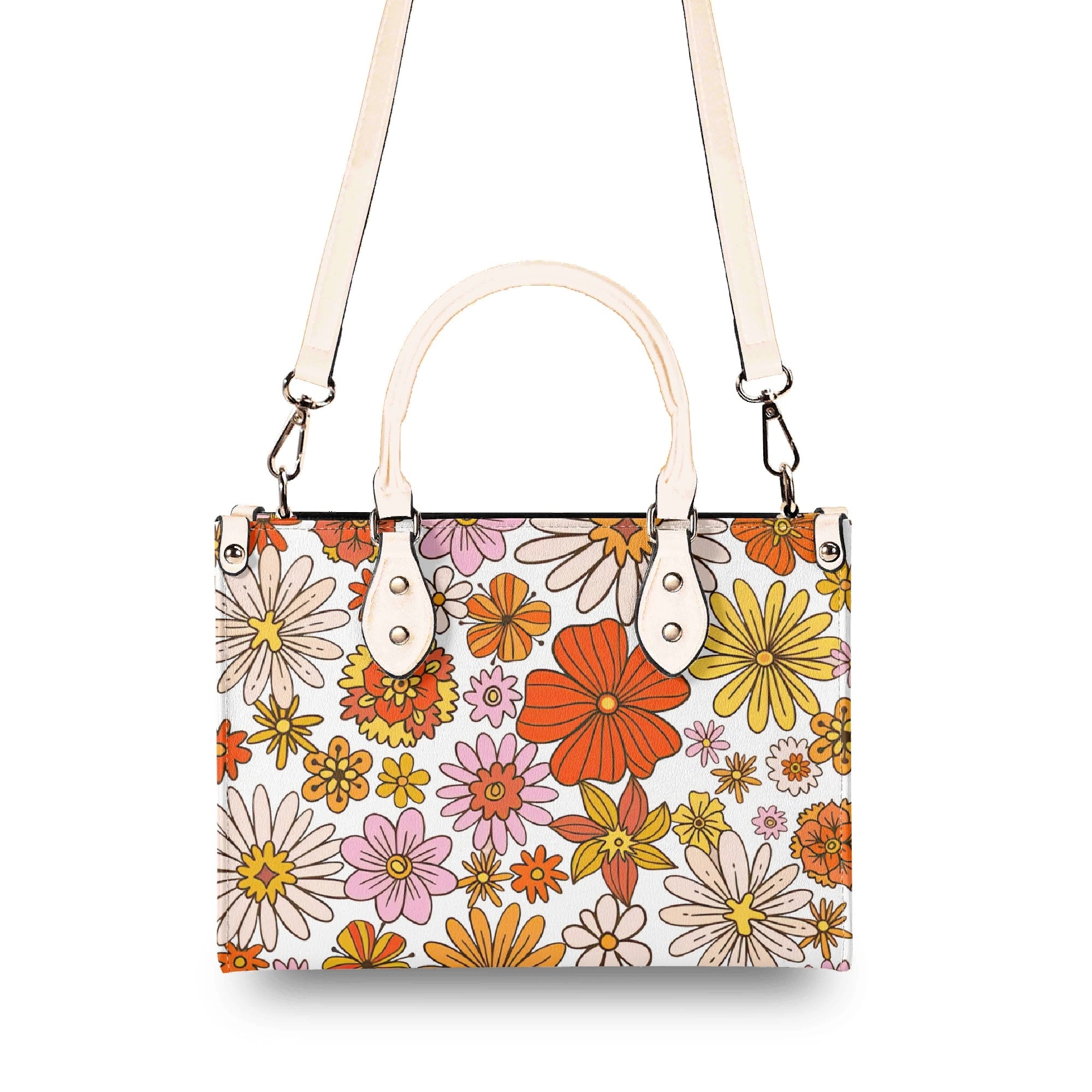 Orange Retro Floral Luxury PU Leather Handbag Luxury PU Leather Handbag Plants Printed Offshore Retro