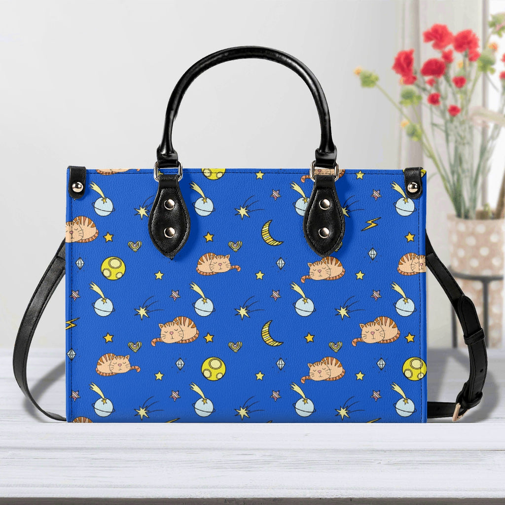 Cats In Space Luxury PU Leather Handbag Black Luxury PU Leather Handbag animal Printed Offshore Space