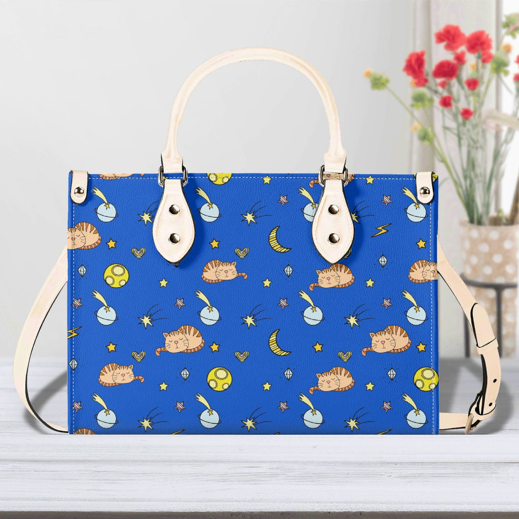Cats In Space Luxury PU Leather Handbag Beige Luxury PU Leather Handbag animal Printed Offshore Space