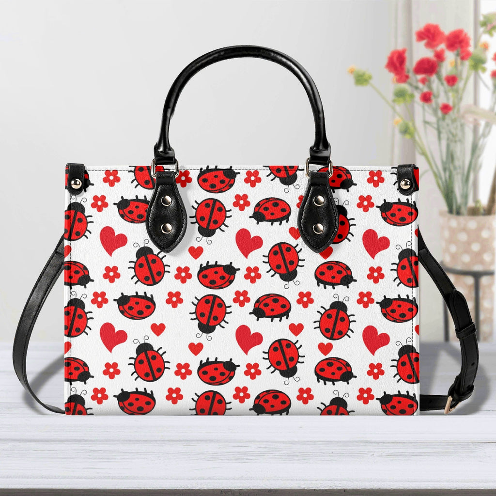 Ladybug Hearts Luxury PU Leather Handbag Black Luxury PU Leather Handbag animal Love Printed Offshore