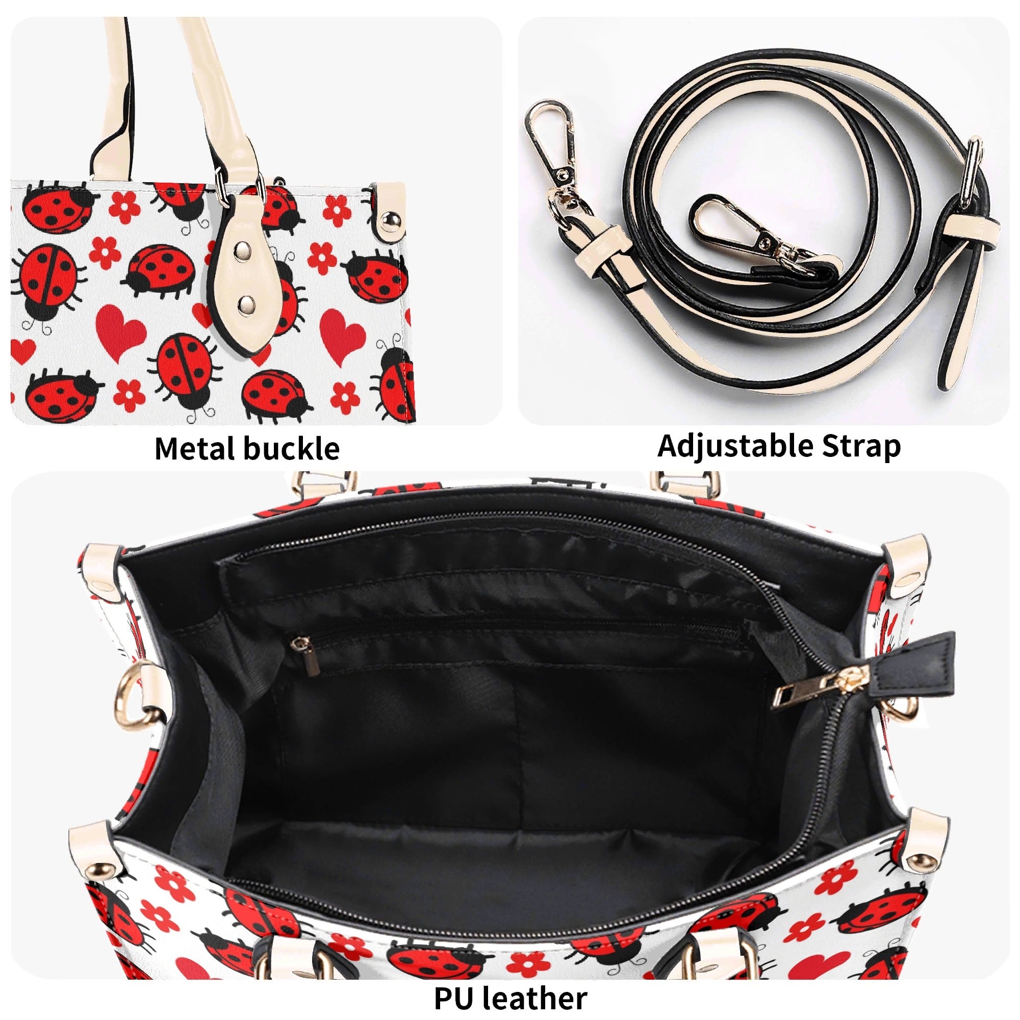 Ladybug Hearts Luxury PU Leather Handbag Luxury PU Leather Handbag animal Love Printed Offshore