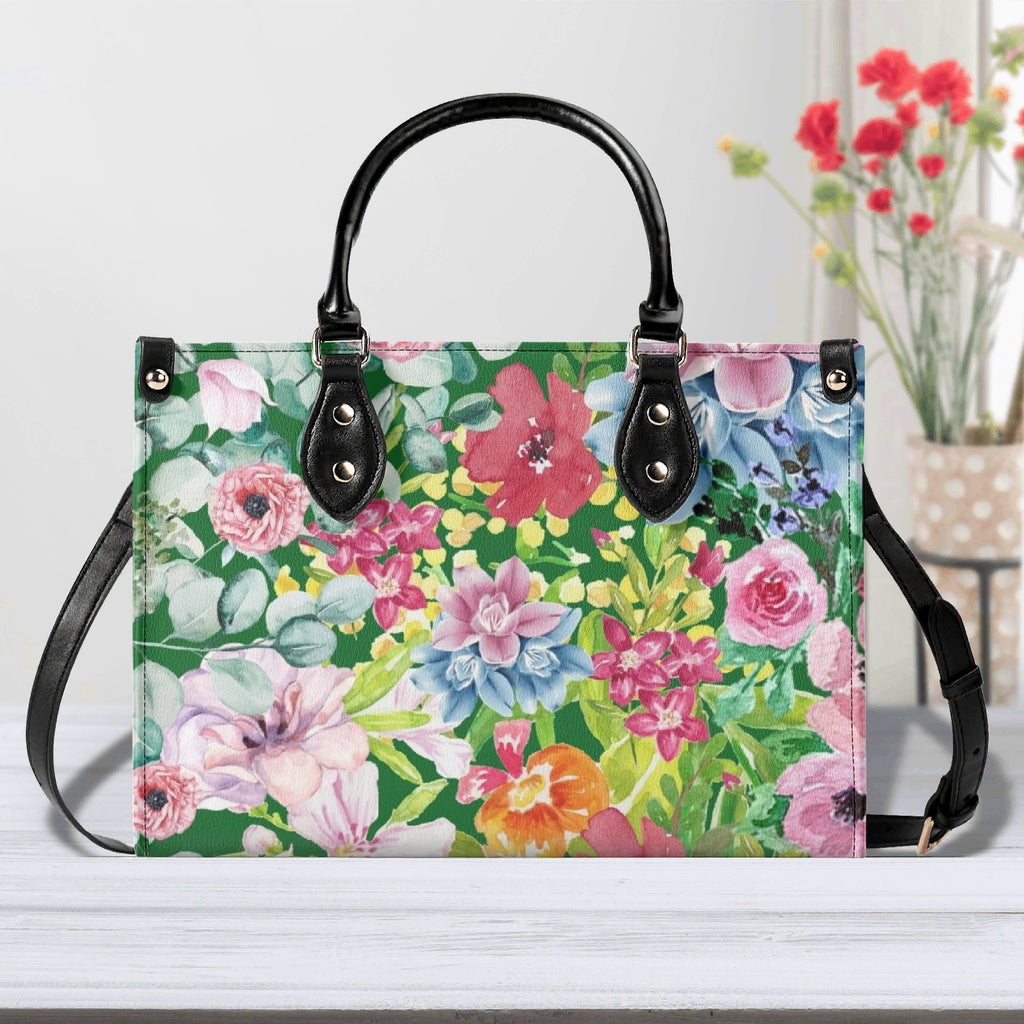 Bright Floral Luxury PU Leather Handbag Black Luxury PU Leather Handbag Plants Printed Offshore