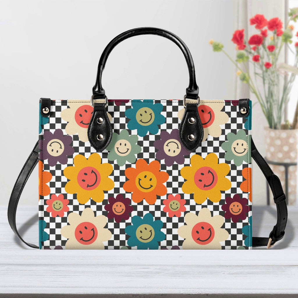 Happy Retro Flowers Luxury PU Leather Handbag Black Luxury PU Leather Handbag Printed Offshore Retro
