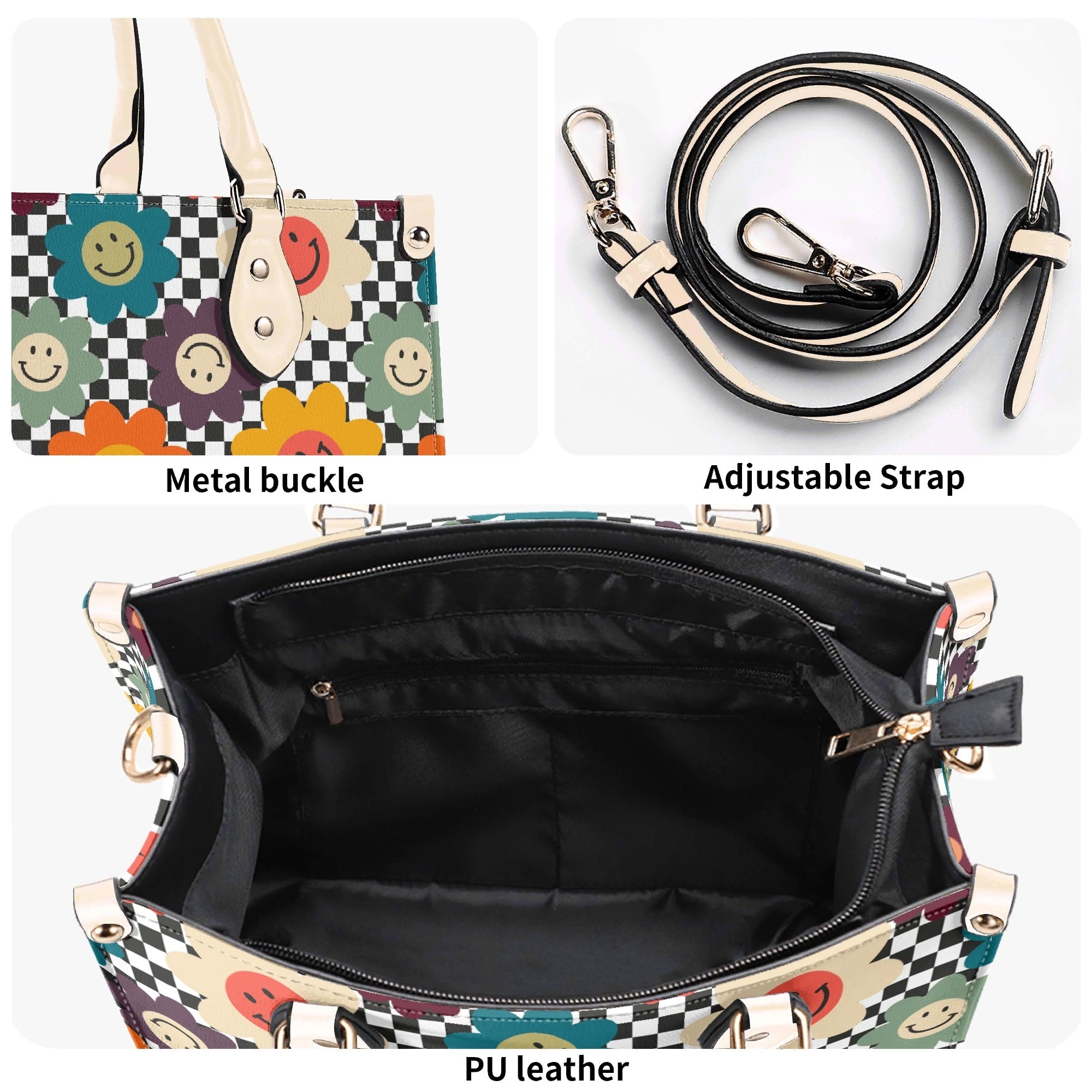 Happy Retro Flowers Luxury PU Leather Handbag Luxury PU Leather Handbag Printed Offshore Retro