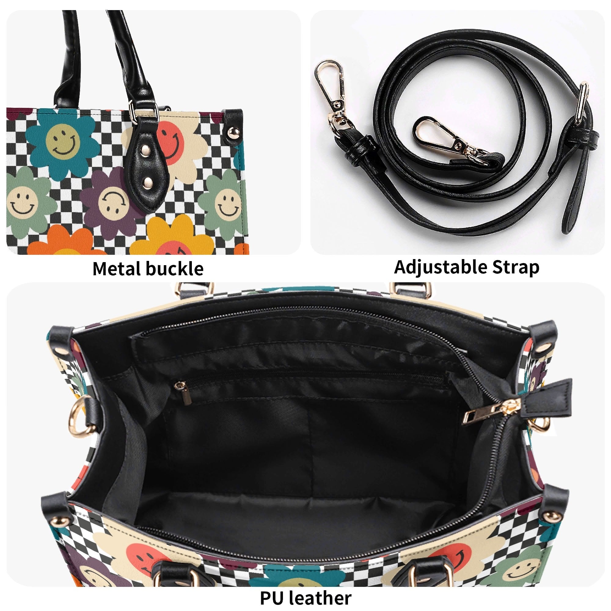 Happy Retro Flowers Luxury PU Leather Handbag Luxury PU Leather Handbag Printed Offshore Retro