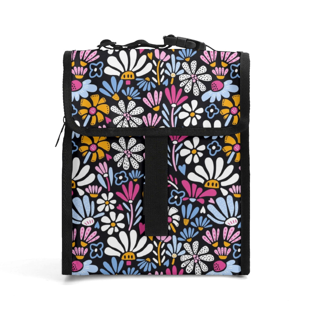 Graphic Flowers On Black Flip-top Lunch Bag Default Title Flip Top Lunch Bag Plants Printed Offshore