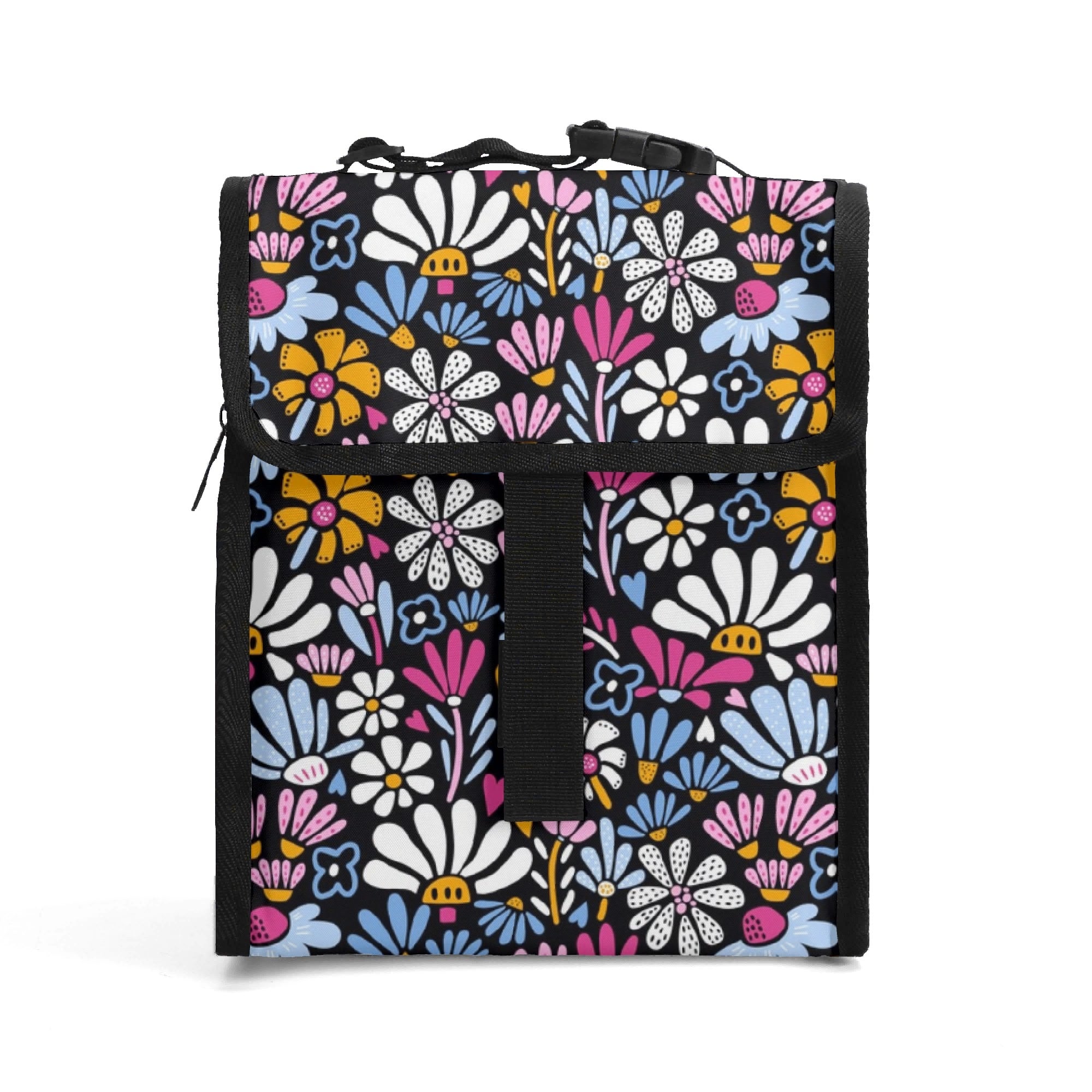 Graphic Flowers On Black - Flip-top Lunch Bag Default Title Flip Top Lunch Bag Plants Printed Offshore