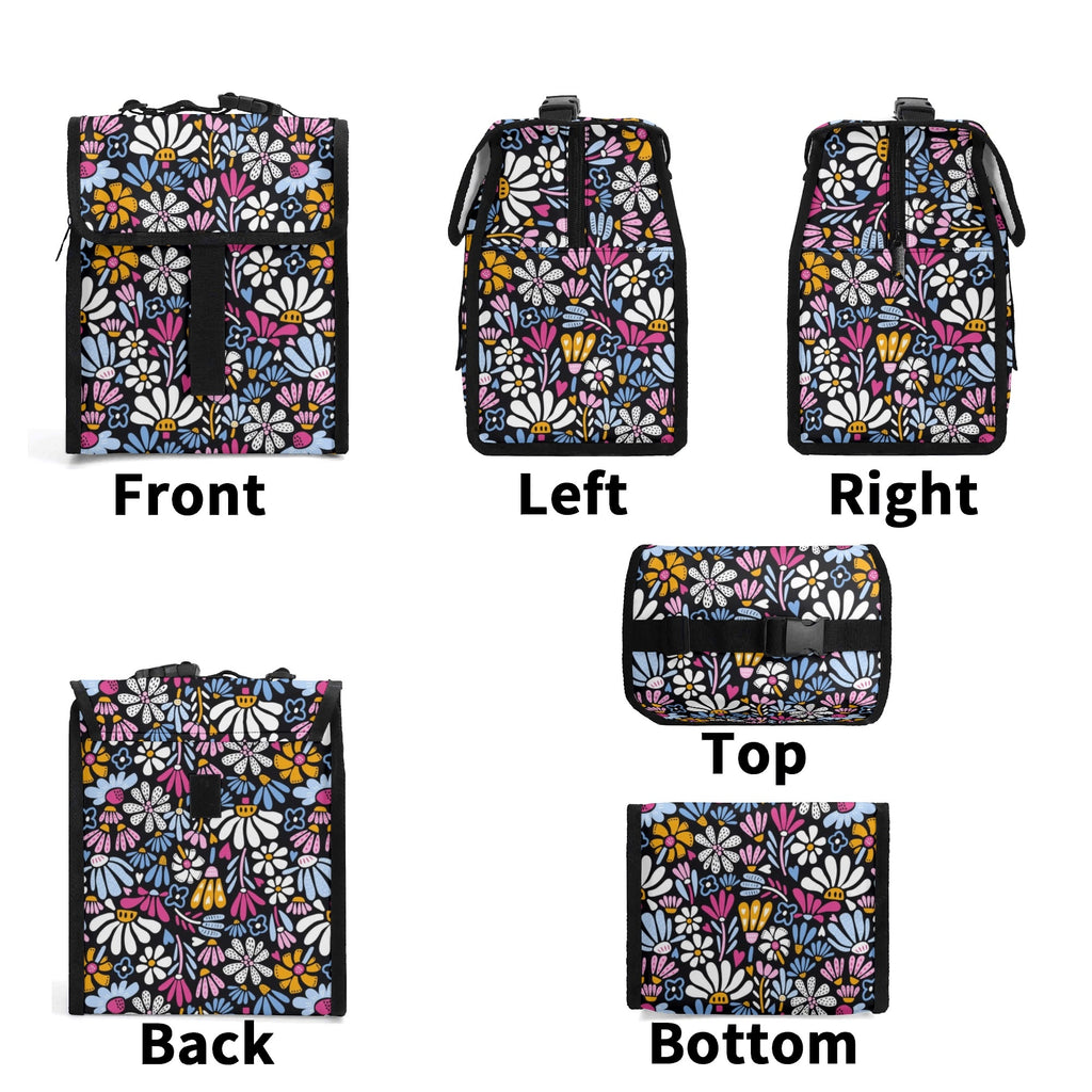 Graphic Flowers On Black Flip-top Lunch Bag Flip Top Lunch Bag Plants Printed Offshore