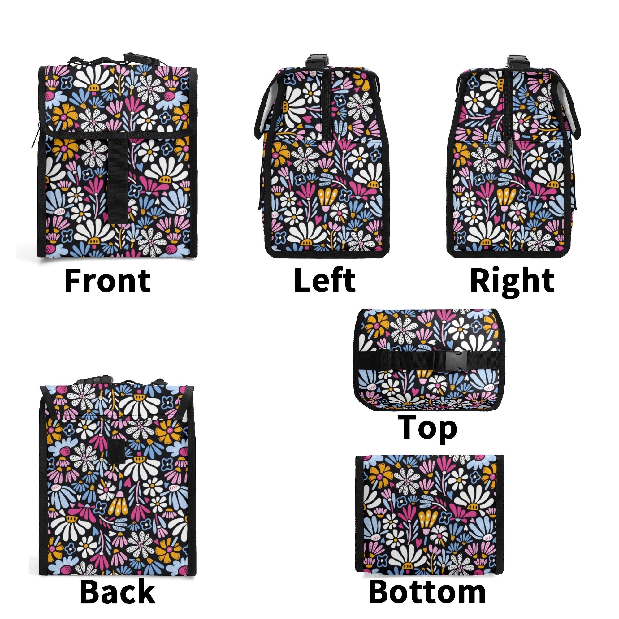 Graphic Flowers On Black Flip-top Lunch Bag Flip Top Lunch Bag Plants Printed Offshore