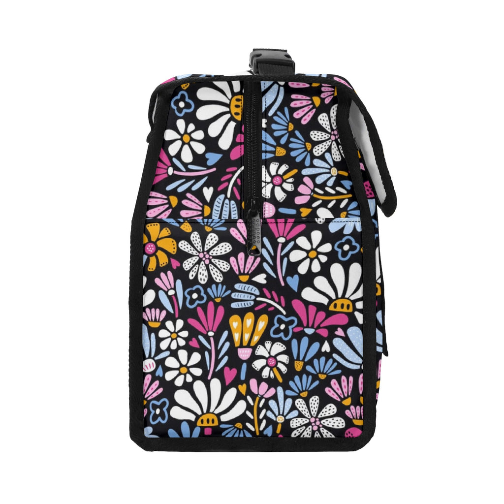 Graphic Flowers On Black Flip-top Lunch Bag Flip Top Lunch Bag Plants Printed Offshore