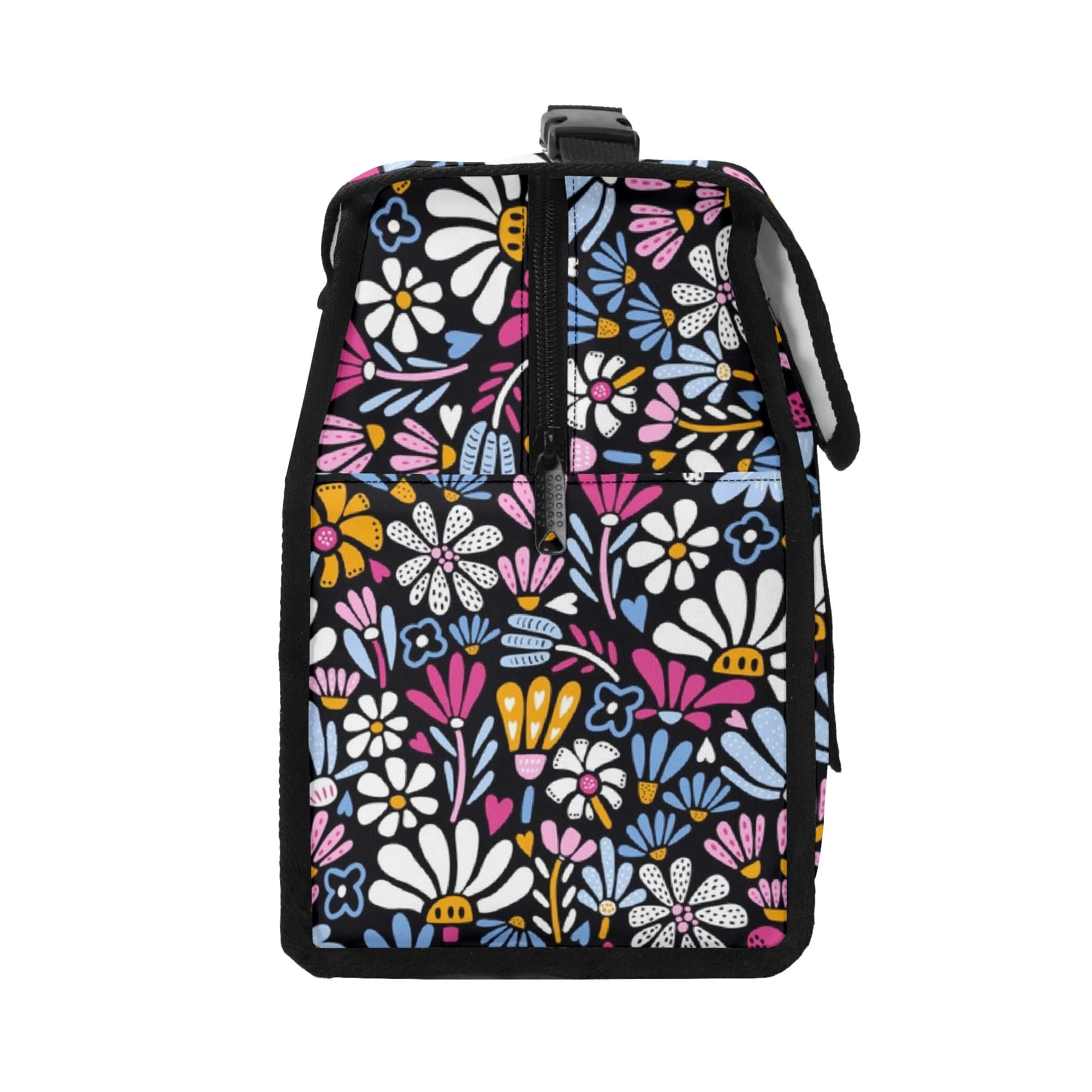 Graphic Flowers On Black - Flip-top Lunch Bag Flip Top Lunch Bag Plants Printed Offshore