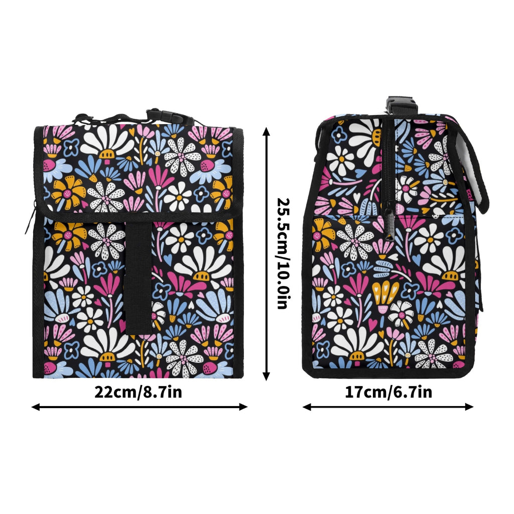 Graphic Flowers On Black Flip-top Lunch Bag Flip Top Lunch Bag Plants Printed Offshore
