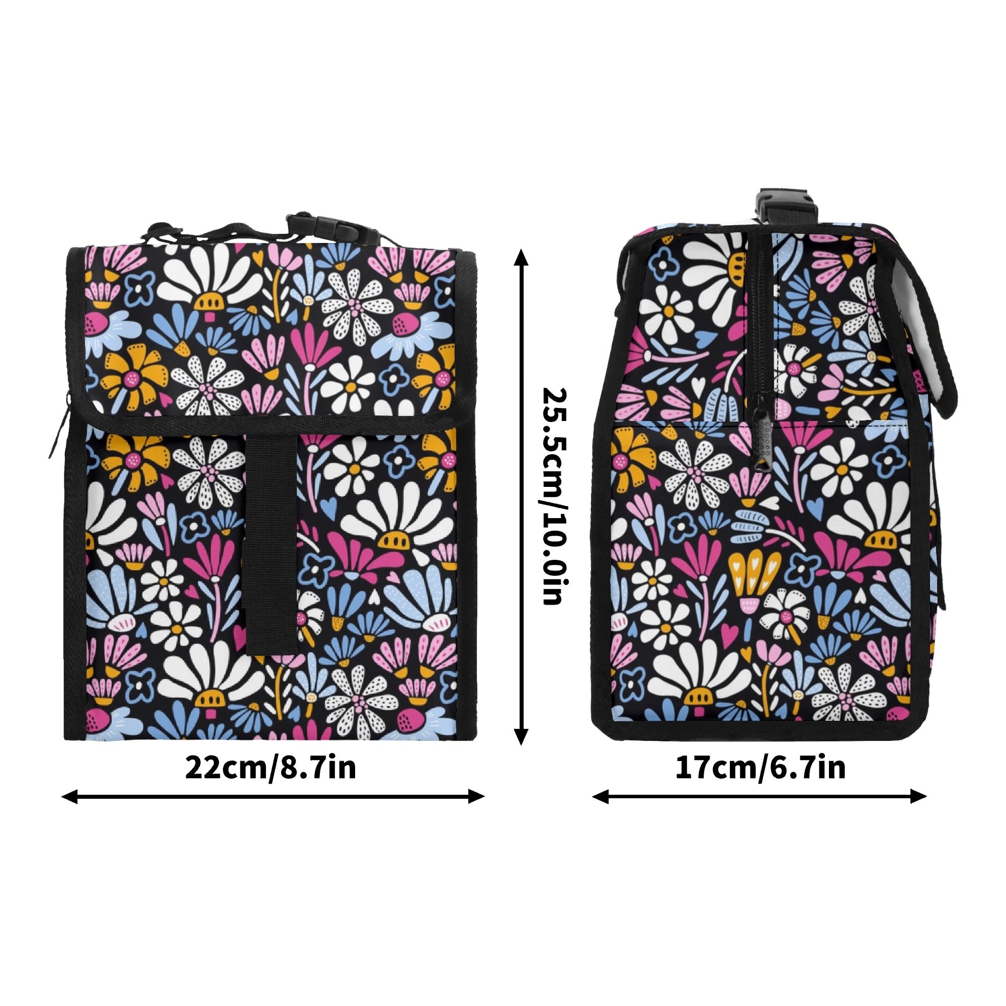 Graphic Flowers On Black Flip-top Lunch Bag Flip Top Lunch Bag Plants Printed Offshore