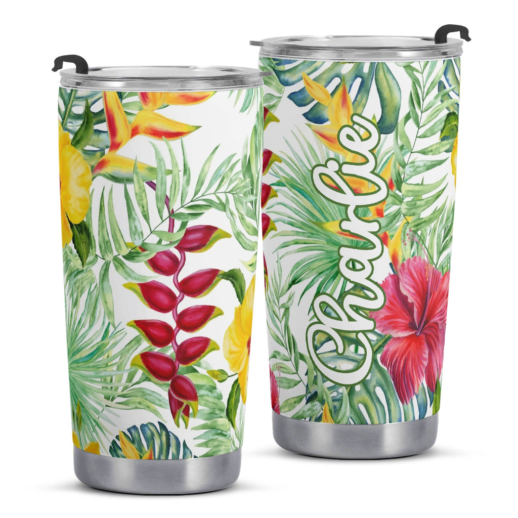 Personalised Tropical Flowers On White Stainless Steel 20oz Travel Mug Personalised 20oz Travel Mug Plants Printed Offshore