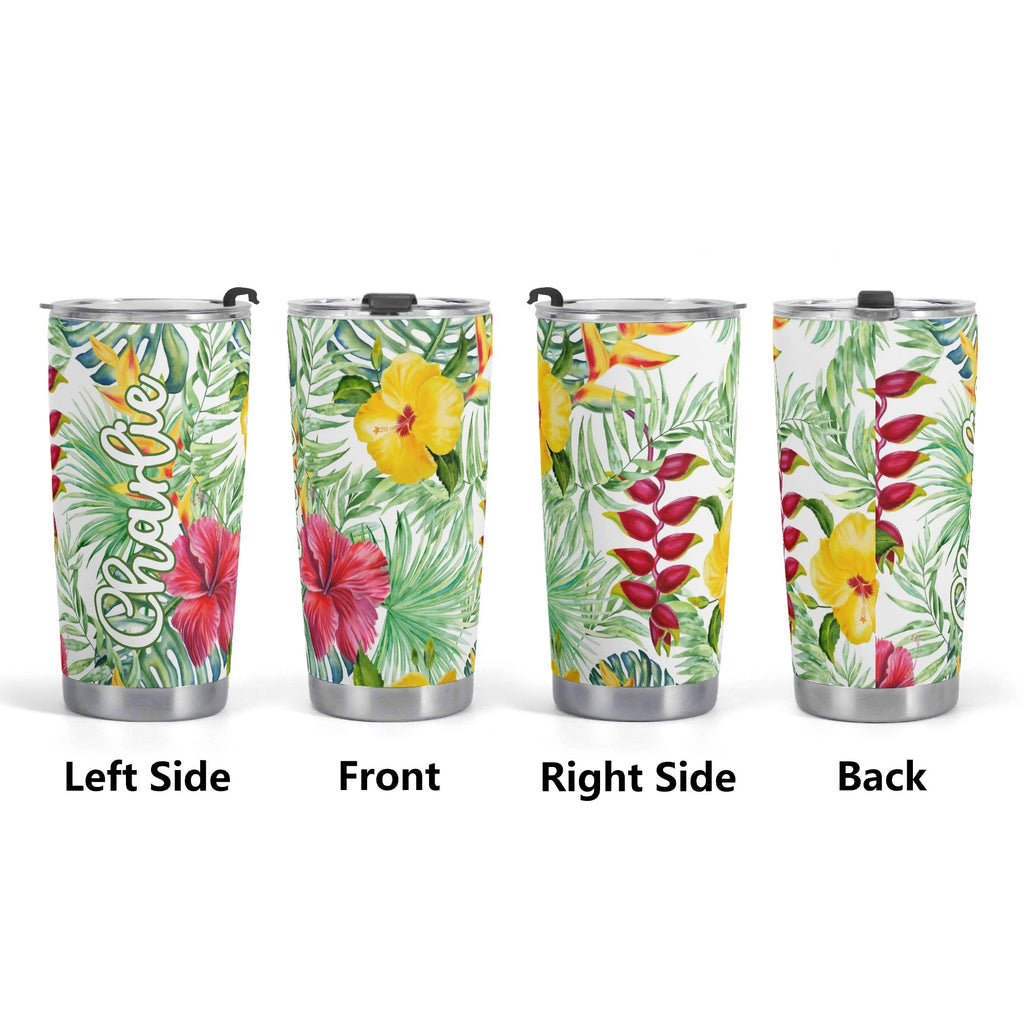 Personalised Tropical Flowers On White Stainless Steel 20oz Travel Mug Personalised 20oz Travel Mug Plants Printed Offshore
