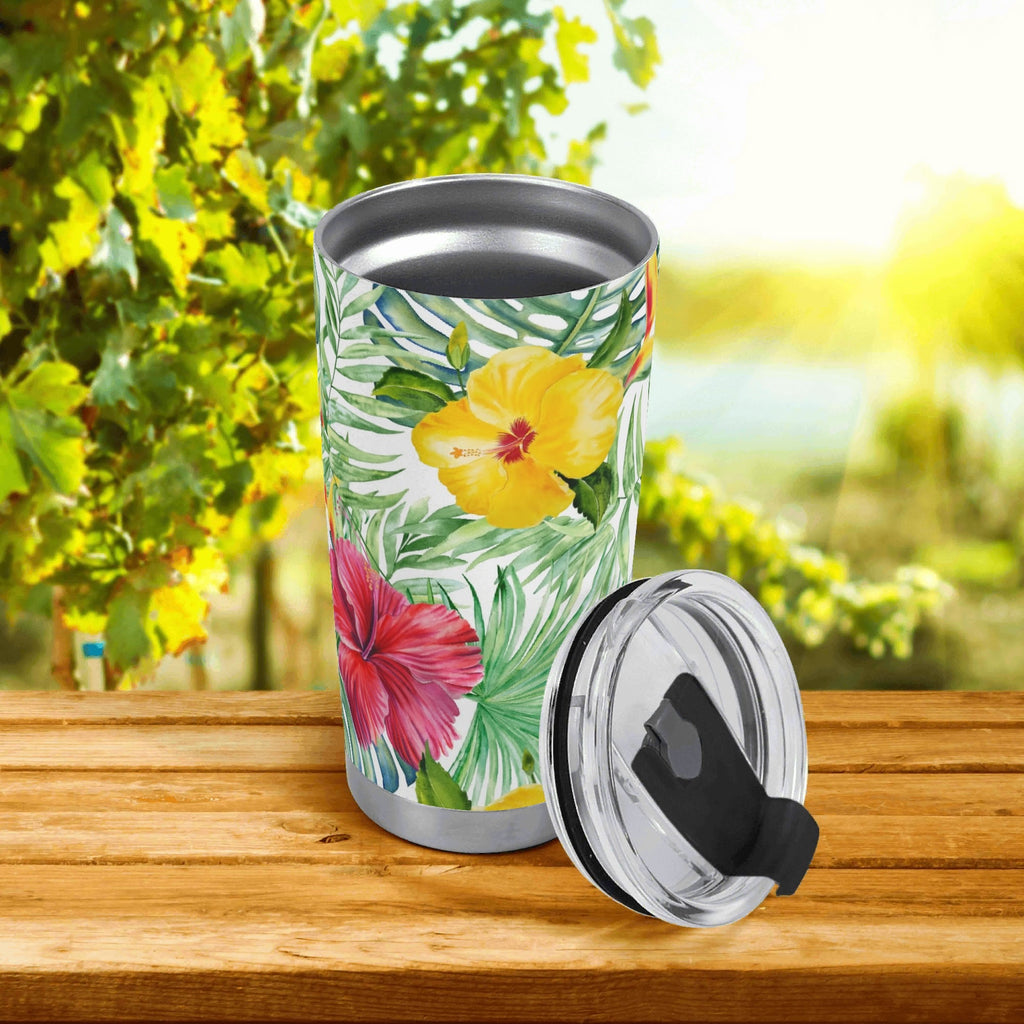 Personalised Tropical Flowers On White Stainless Steel 20oz Travel Mug Personalised 20oz Travel Mug Plants Printed Offshore