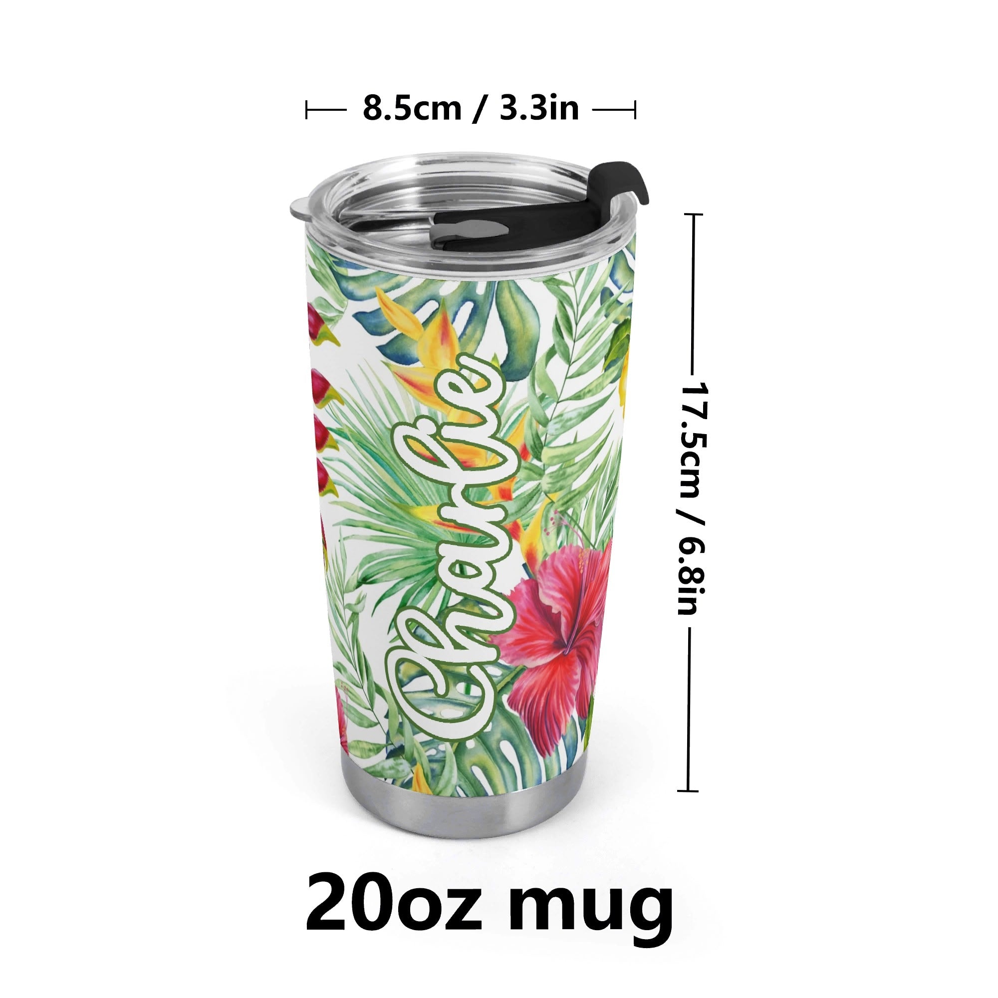 Personalised Tropical Flowers On White Stainless Steel 20oz Travel Mug Personalised 20oz Travel Mug Plants Printed Offshore