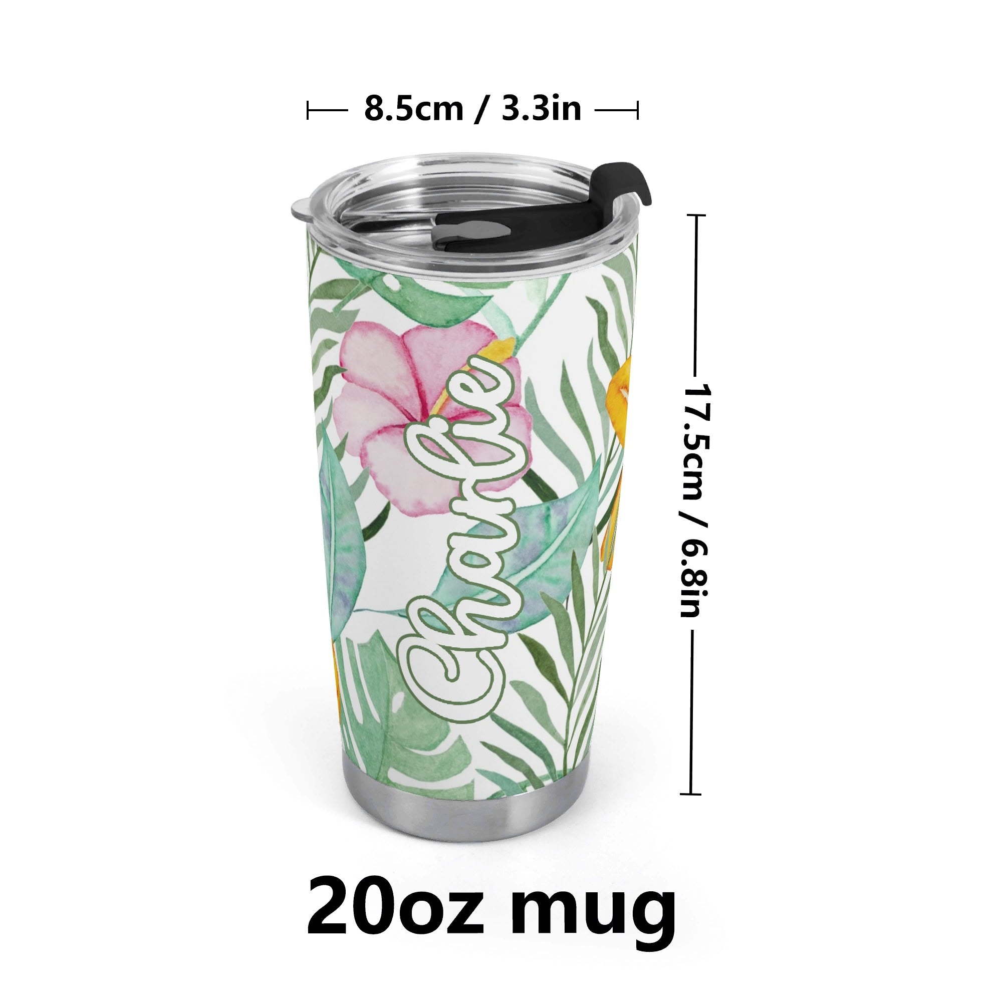 Personalised Tropical Flowers And Leaves Stainless Steel 20oz Travel Mug Personalised 20oz Travel Mug Plants Printed Offshore