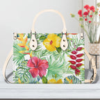 Tropical Flowers On White Luxury PU Leather Handbag Beige Luxury PU Leather Handbag Plants Printed Offshore