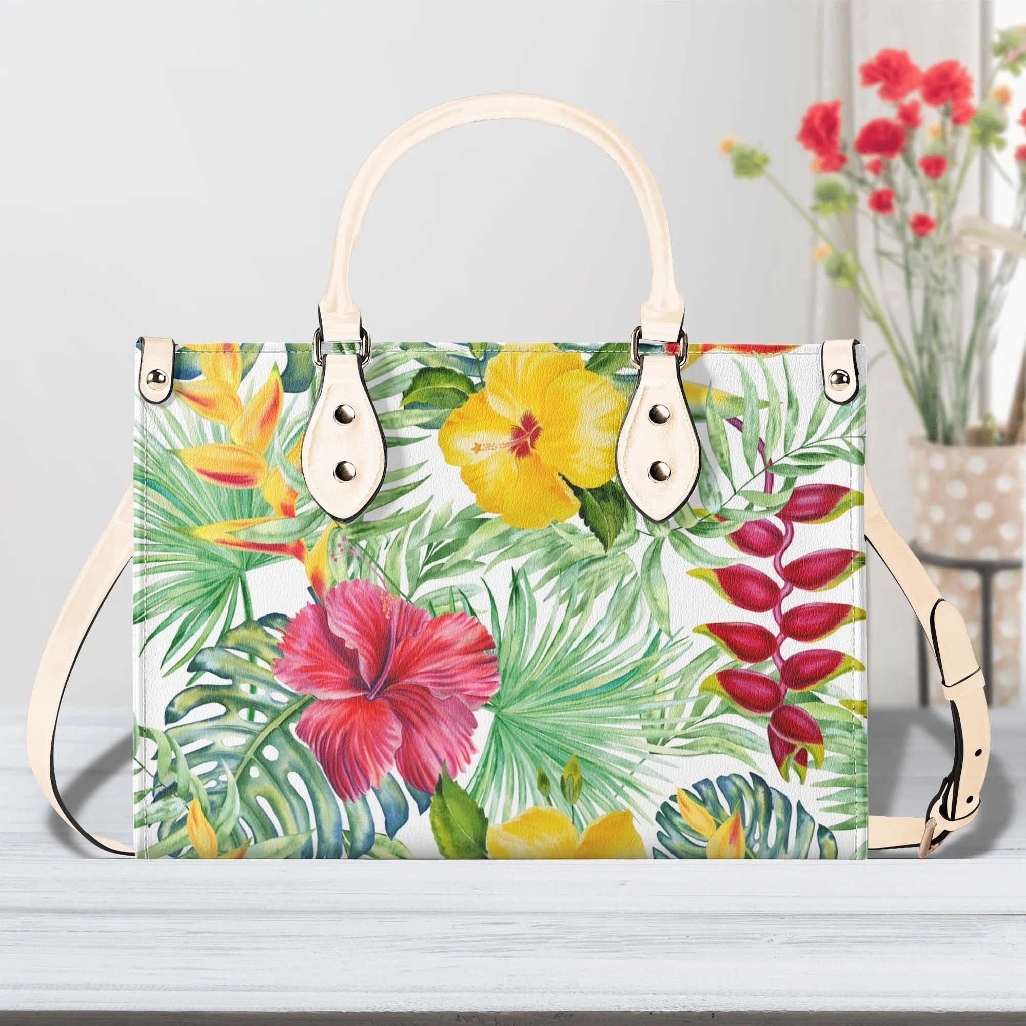 Tropical Flowers On White Luxury PU Leather Handbag Beige Luxury PU Leather Handbag Plants Printed Offshore