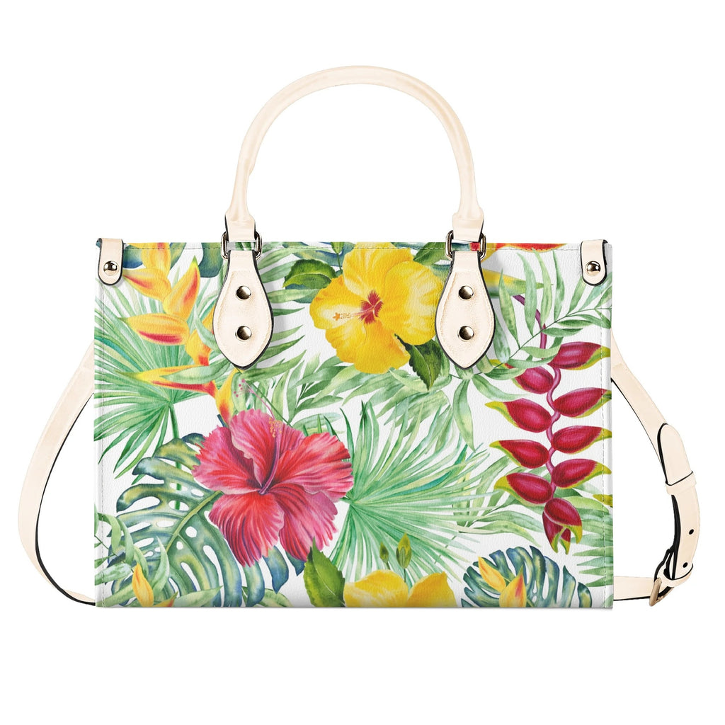 Tropical Flowers On White Luxury PU Leather Handbag Luxury PU Leather Handbag Plants Printed Offshore