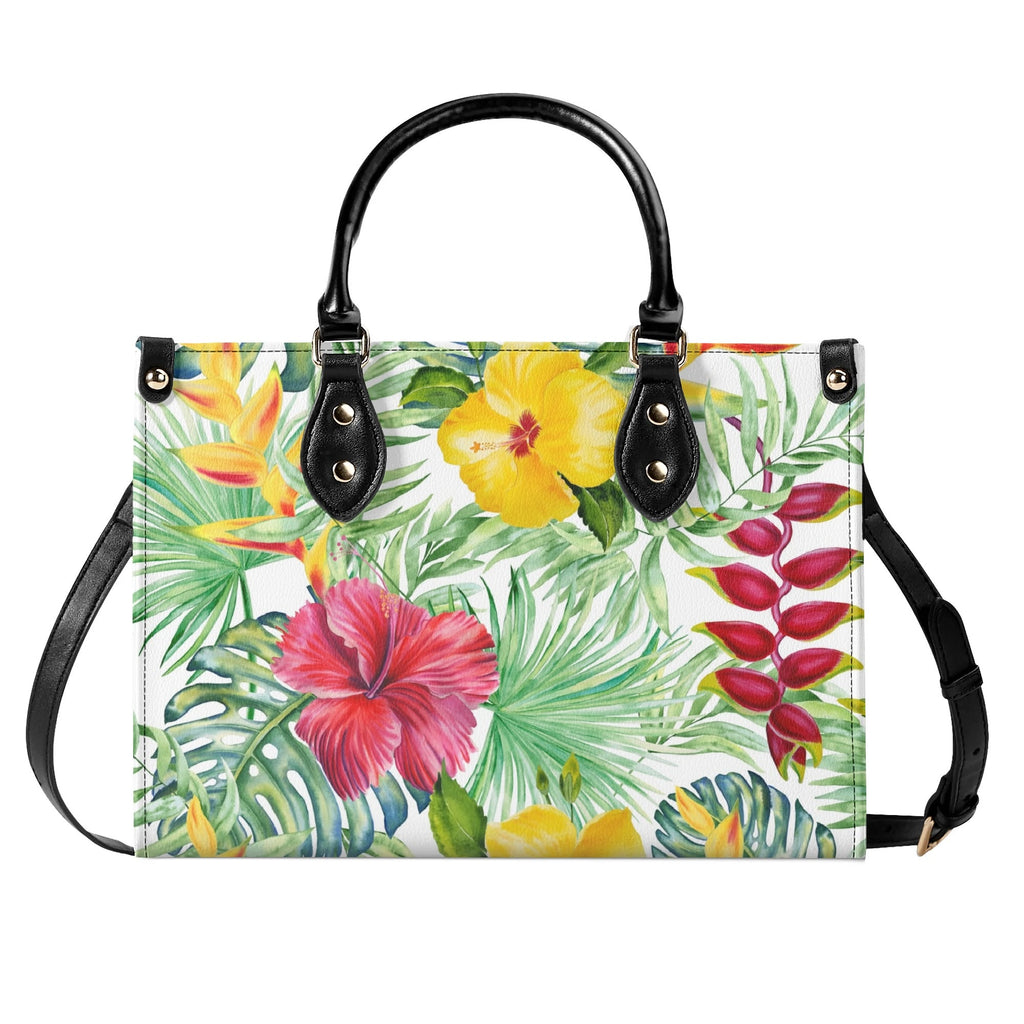 Tropical Flowers On White Luxury PU Leather Handbag Luxury PU Leather Handbag Plants Printed Offshore