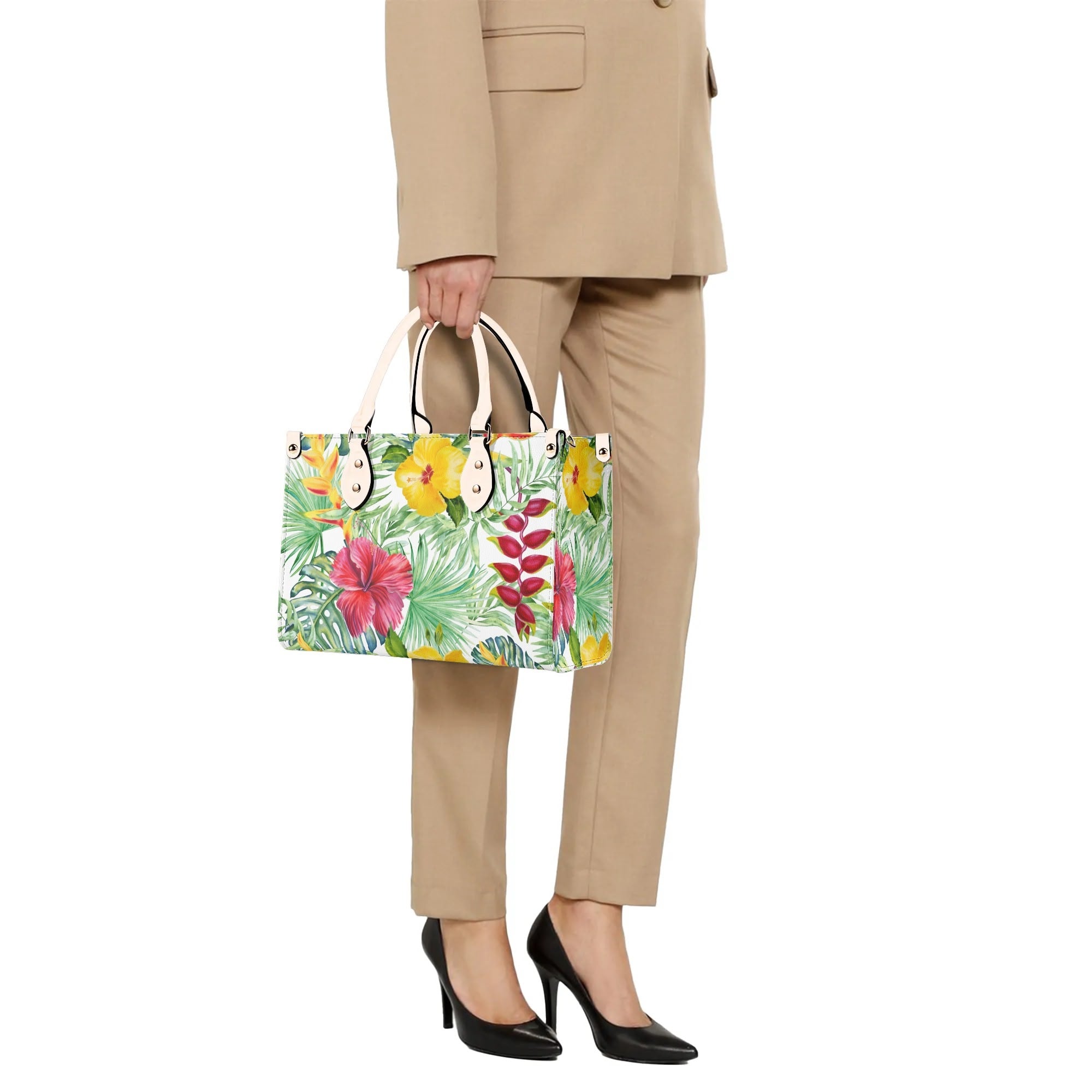 Tropical Flowers On White Luxury PU Leather Handbag Luxury PU Leather Handbag Plants Printed Offshore