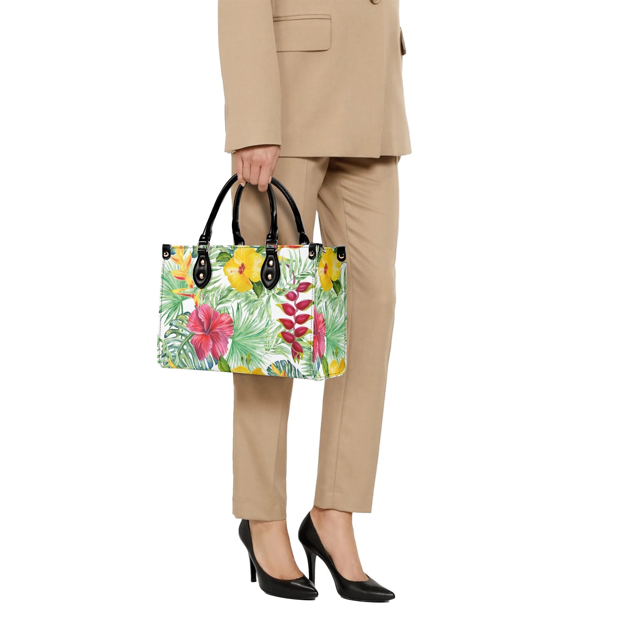 Tropical Flowers On White Luxury PU Leather Handbag Luxury PU Leather Handbag Plants Printed Offshore