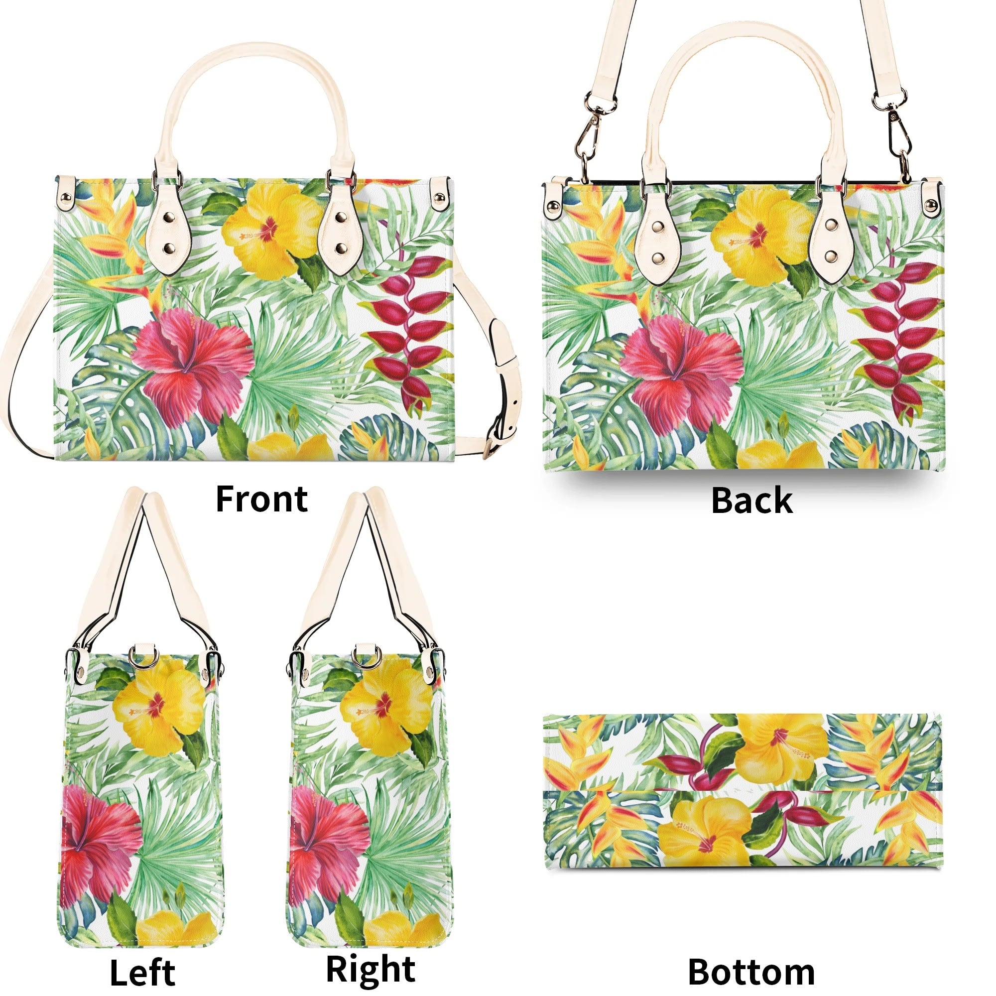Tropical Flowers On White Luxury PU Leather Handbag Luxury PU Leather Handbag Plants Printed Offshore