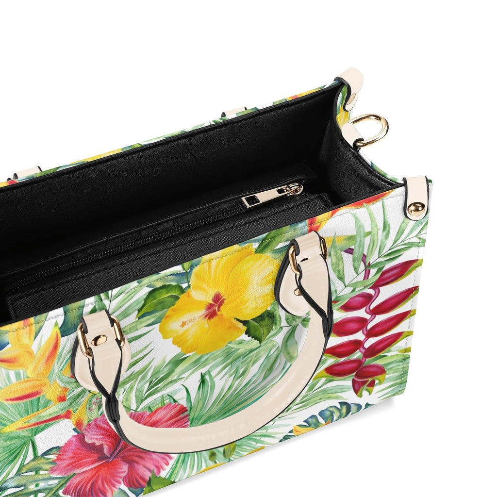 Tropical Flowers On White Luxury PU Leather Handbag Luxury PU Leather Handbag Plants Printed Offshore