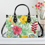 Tropical Flowers On White Luxury PU Leather Handbag Black Luxury PU Leather Handbag Plants Printed Offshore