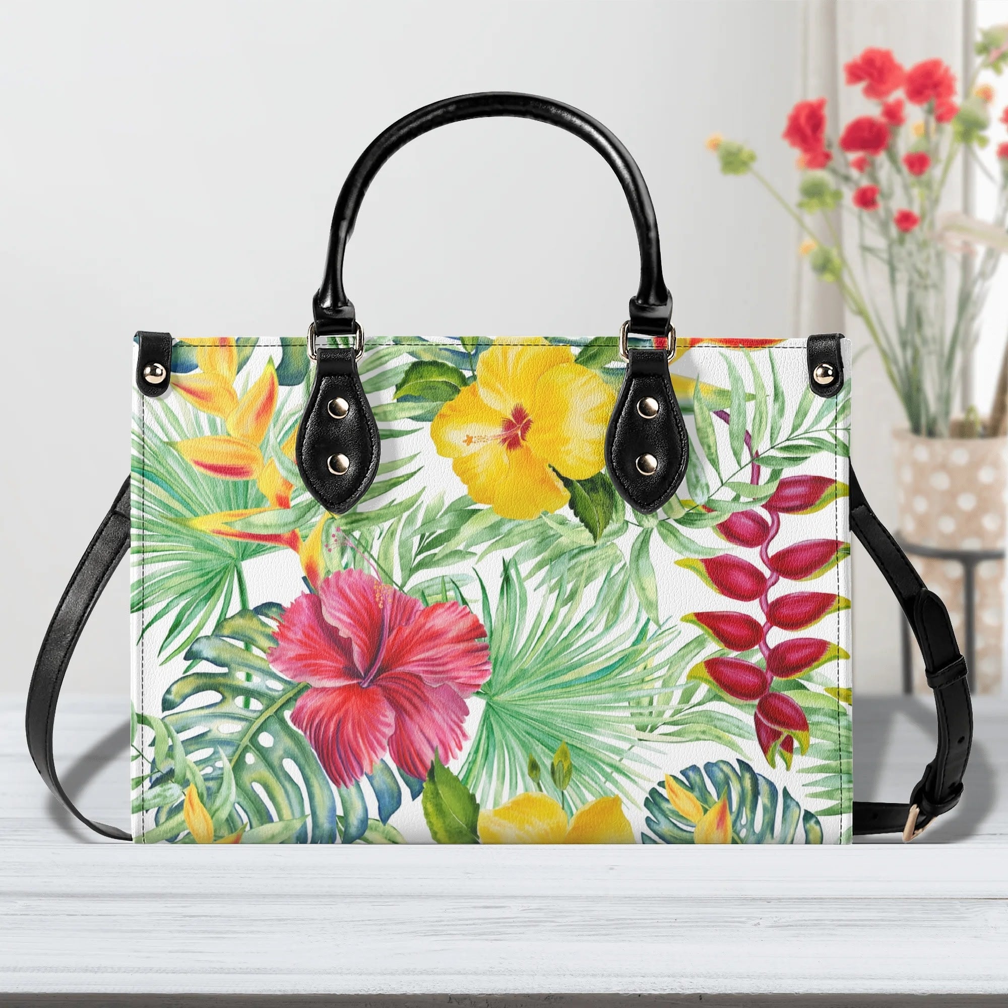 Tropical Flowers On White Luxury PU Leather Handbag Black Luxury PU Leather Handbag Plants Printed Offshore