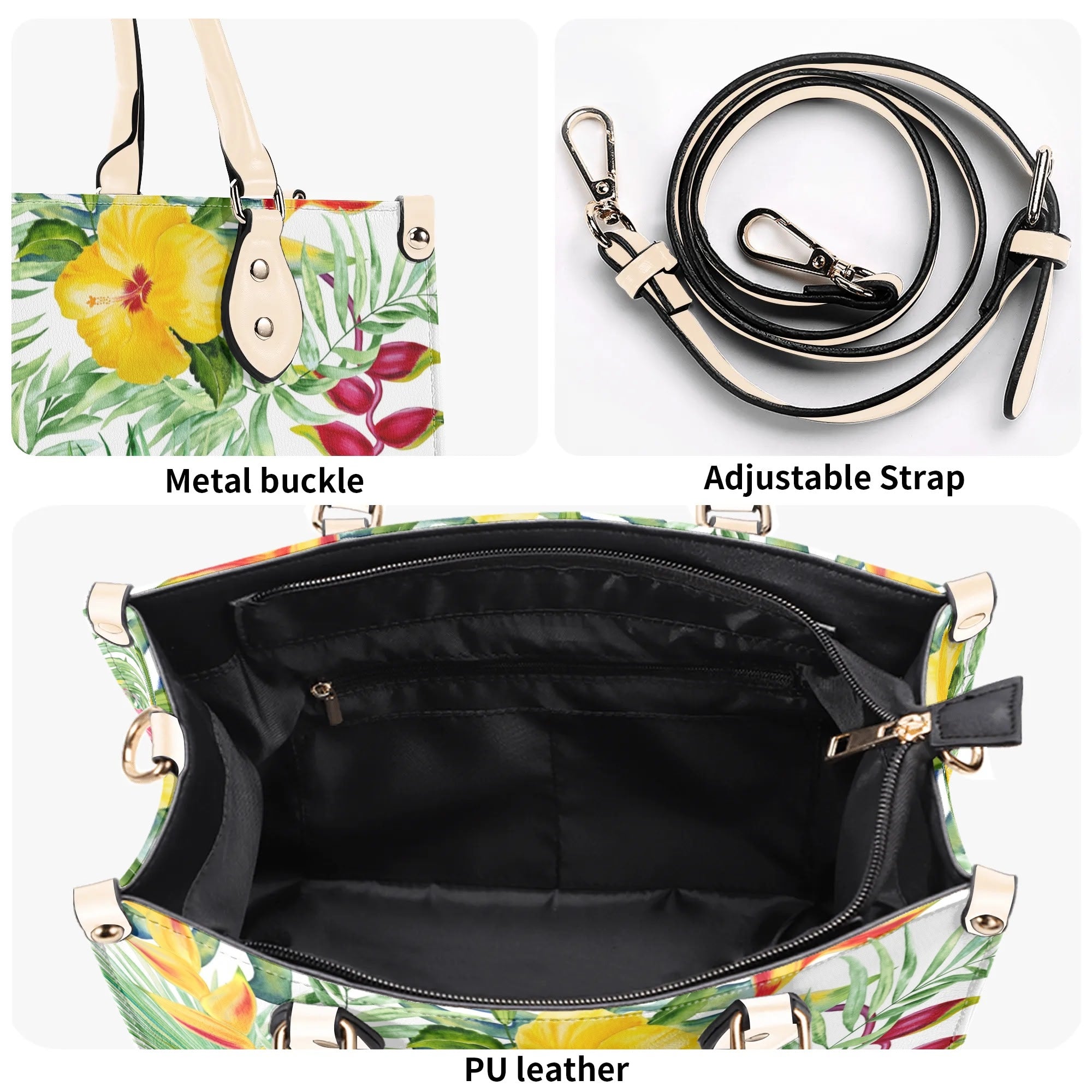 Tropical Flowers On White Luxury PU Leather Handbag Luxury PU Leather Handbag Plants Printed Offshore