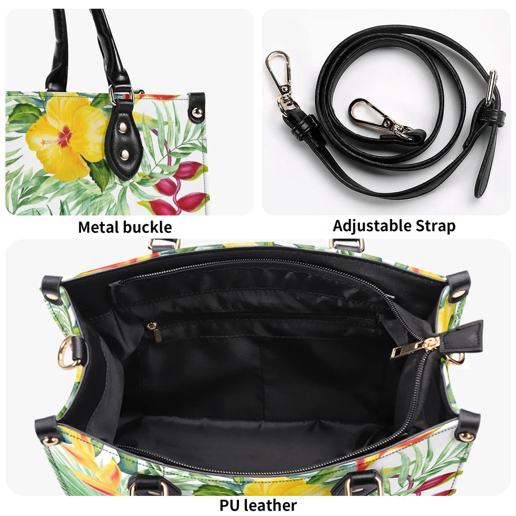 Tropical Flowers On White Luxury PU Leather Handbag Luxury PU Leather Handbag Plants Printed Offshore