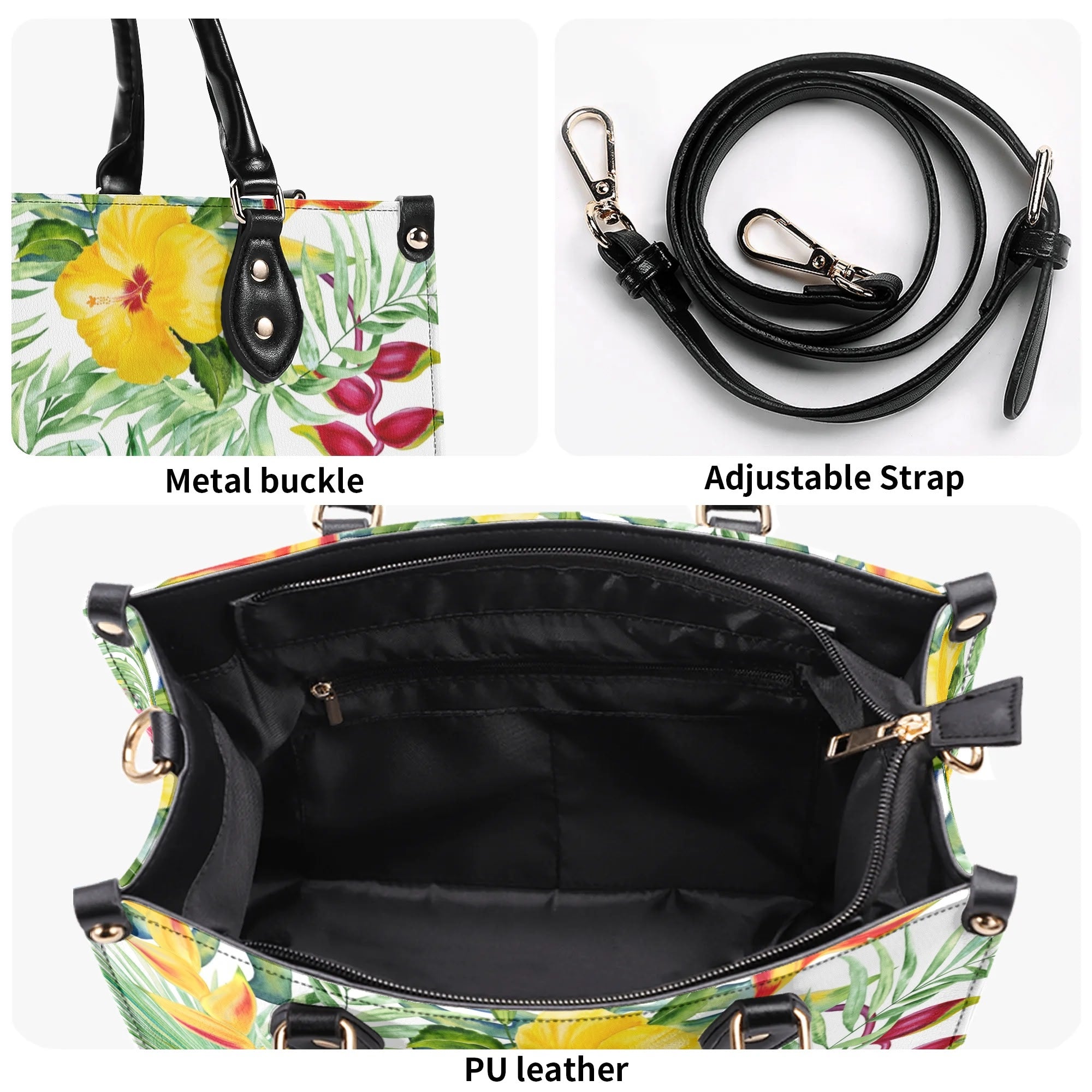 Tropical Flowers On White Luxury PU Leather Handbag Luxury PU Leather Handbag Plants Printed Offshore