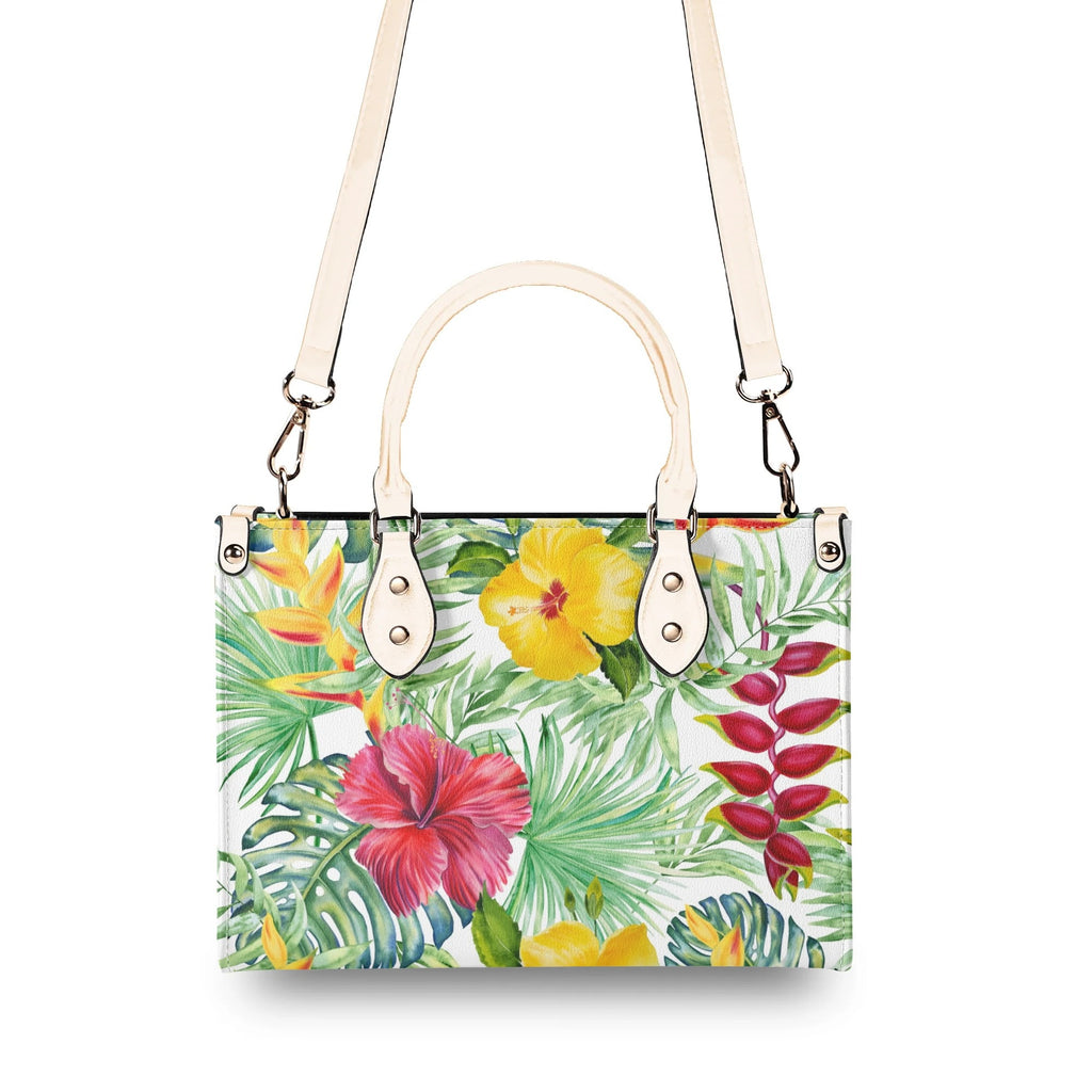 Tropical Flowers On White Luxury PU Leather Handbag Luxury PU Leather Handbag Plants Printed Offshore