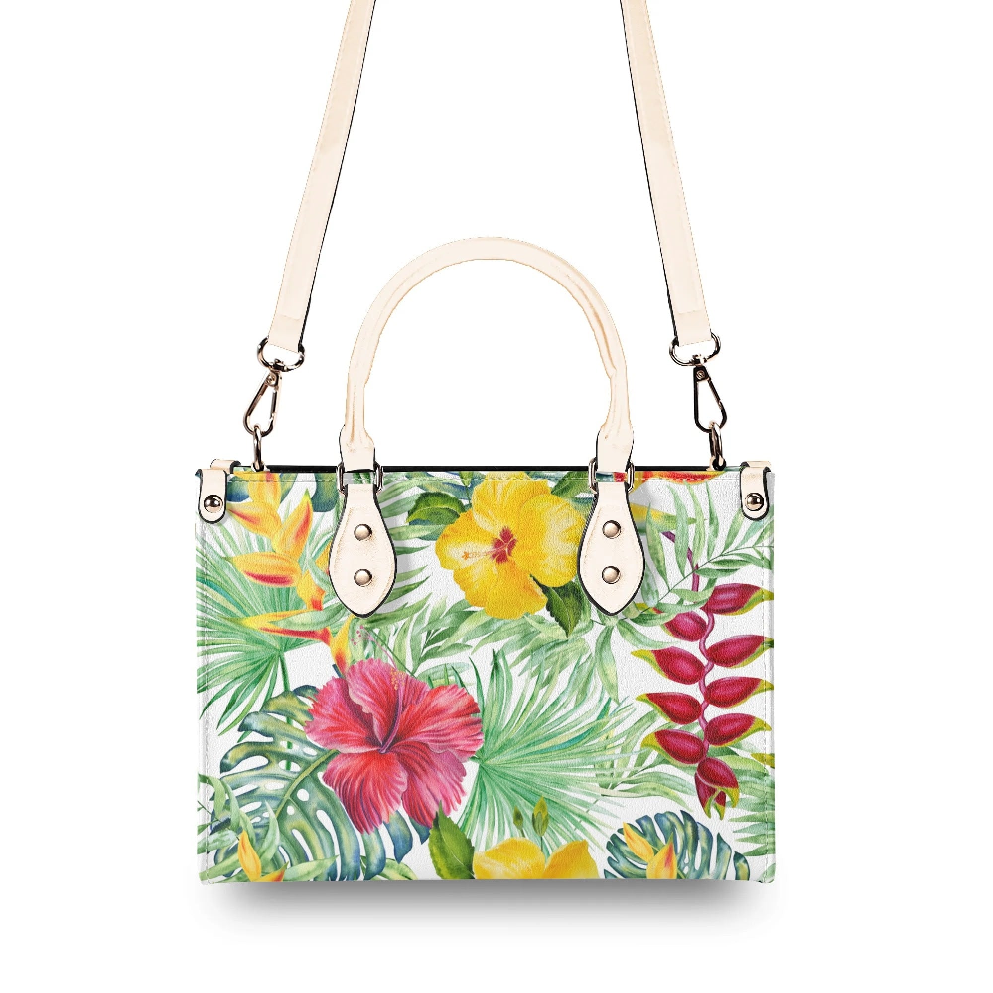 Tropical Flowers On White Luxury PU Leather Handbag Luxury PU Leather Handbag Plants Printed Offshore