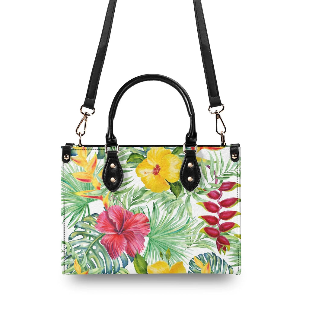 Tropical Flowers On White Luxury PU Leather Handbag Luxury PU Leather Handbag Plants Printed Offshore