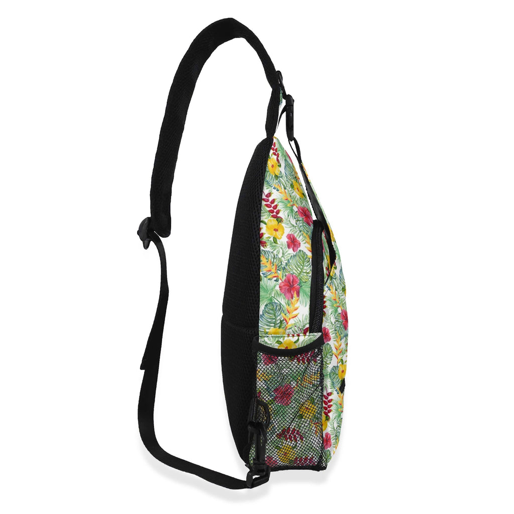 Tropical Flowers On White Chest Crossbody Bag with Adjustable Strap Chest Crossbody Bag Plants Printed Offshore