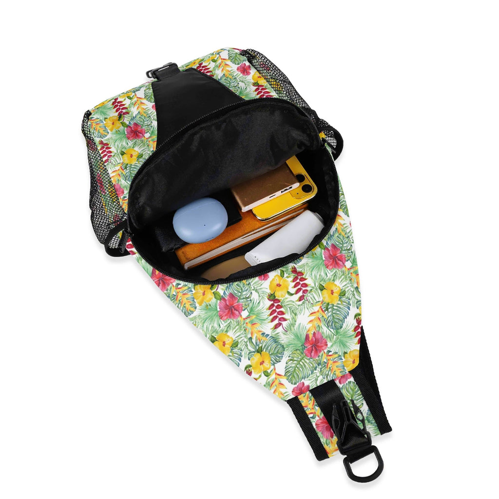 Tropical Flowers On White Chest Crossbody Bag with Adjustable Strap Chest Crossbody Bag Plants Printed Offshore