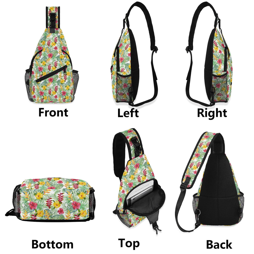 Tropical Flowers On White Chest Crossbody Bag with Adjustable Strap Chest Crossbody Bag Plants Printed Offshore