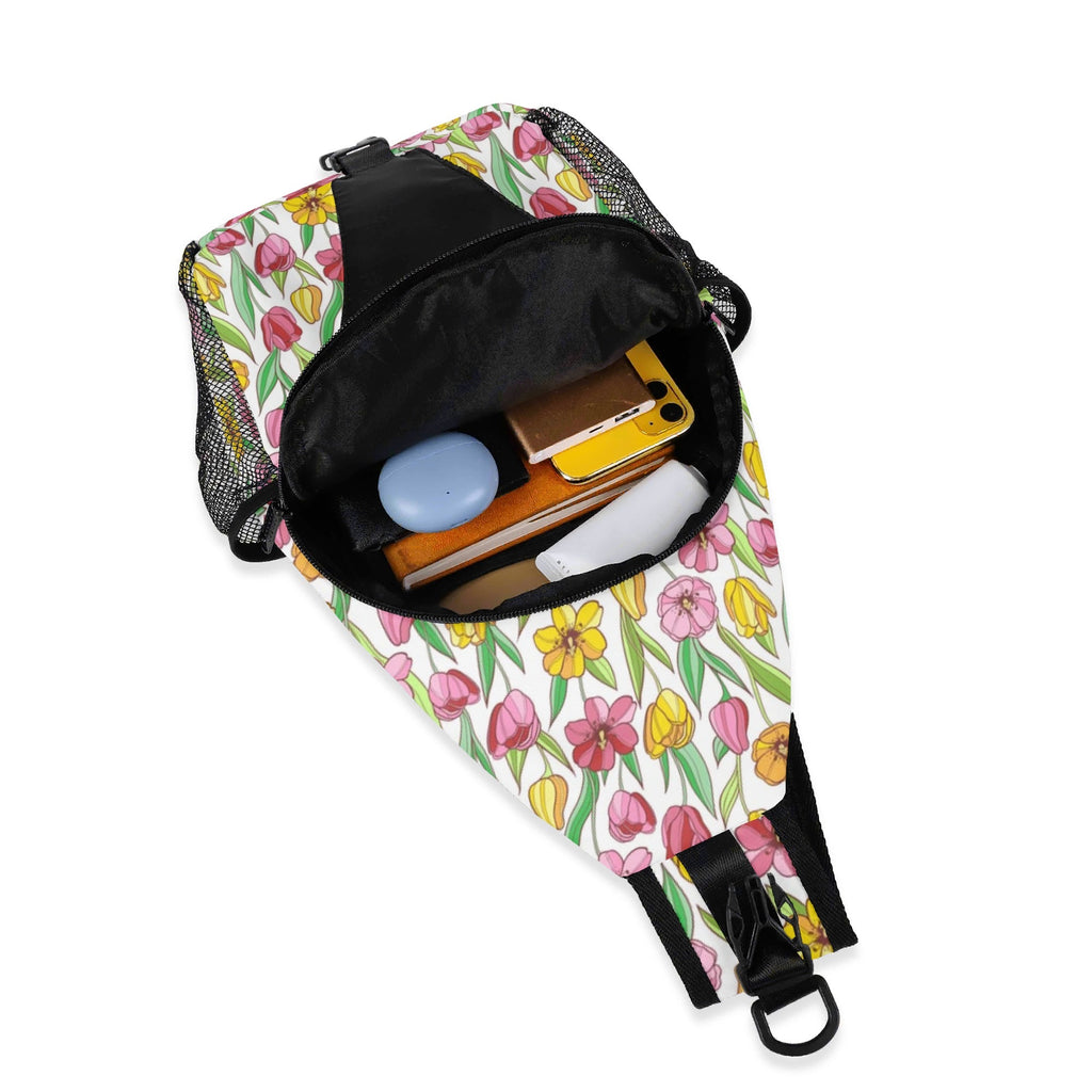 Pink And Yellow Floral Chest Crossbody Bag with Adjustable Strap Chest Crossbody Bag Plants Printed Offshore