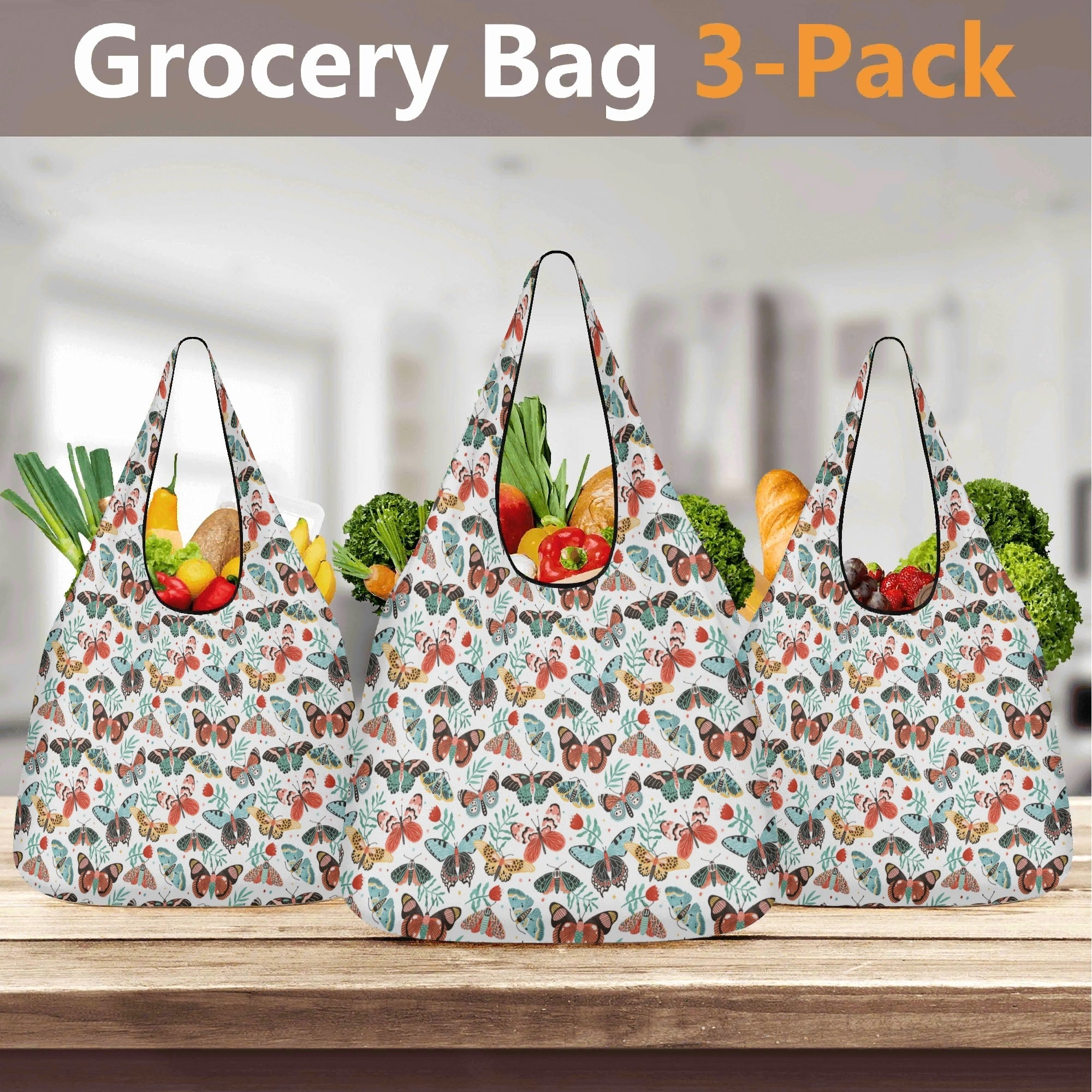 Pretty Moths And Butterflies 3 Pack of Foldable Shopping Bags 3-Pack Shopping Bags animal Printed Offshore