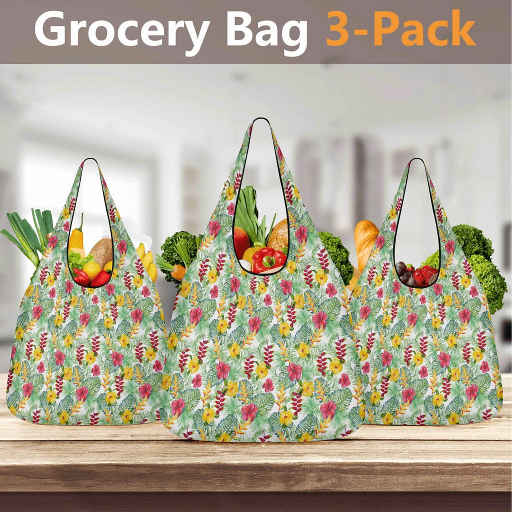 Tropical Flowers On White 3 Pack of Foldable Shopping Bags 3-Pack Shopping Bags Plants Printed Offshore