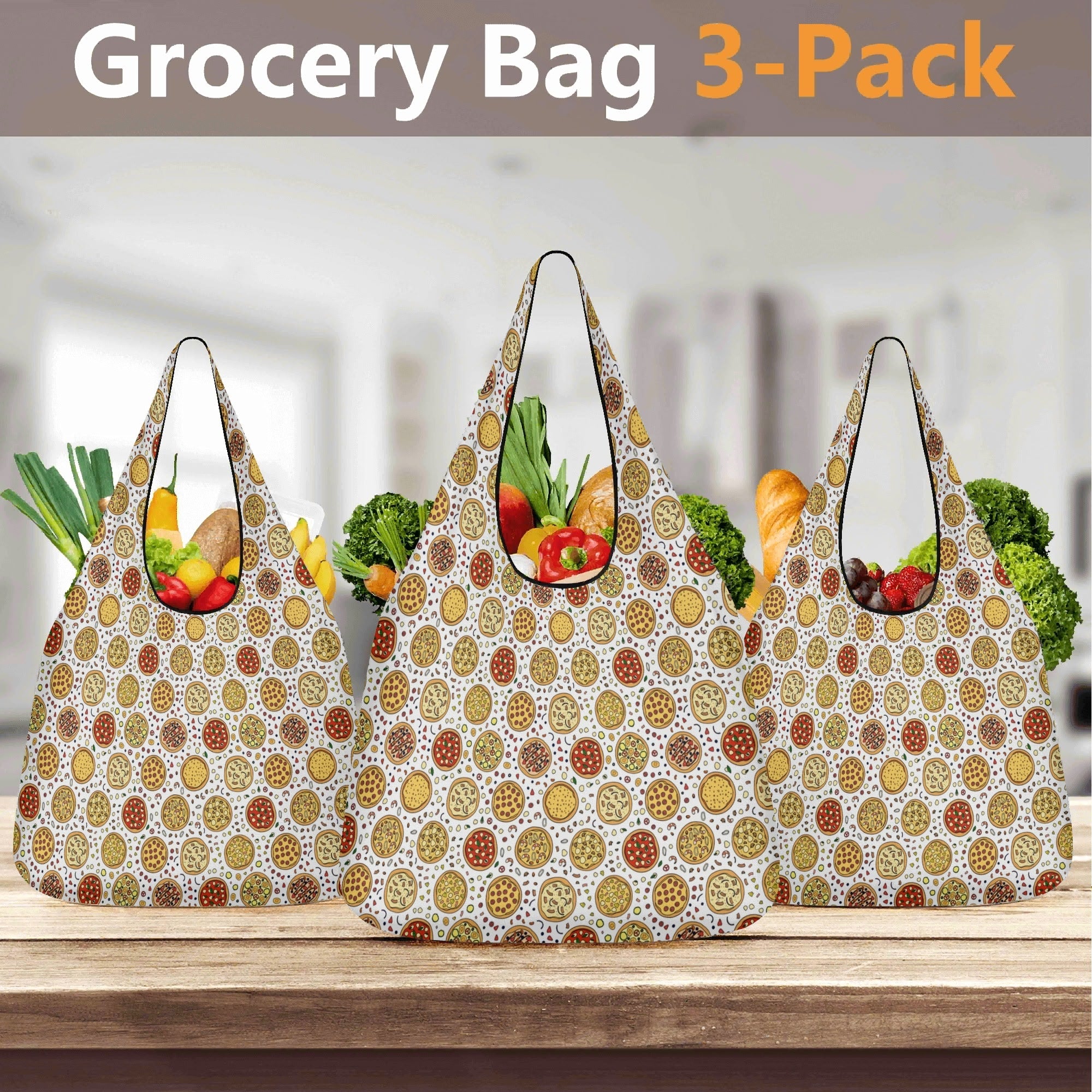 Round Pizzas On White 3 Pack of Foldable Shopping Bags 3-Pack Shopping Bags Food Printed Offshore