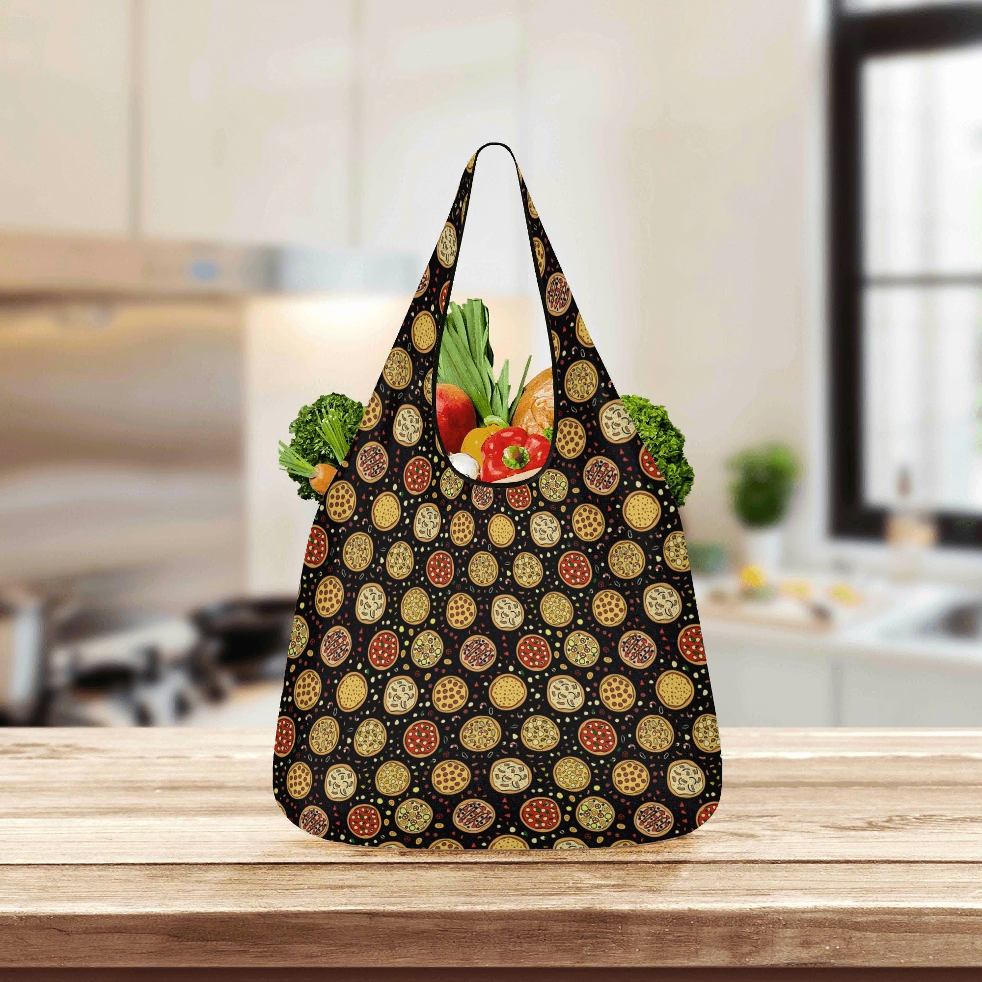 Round Pizzas On Black 3 Pack of Foldable Shopping Bags 3-Pack Shopping Bags Food Printed Offshore