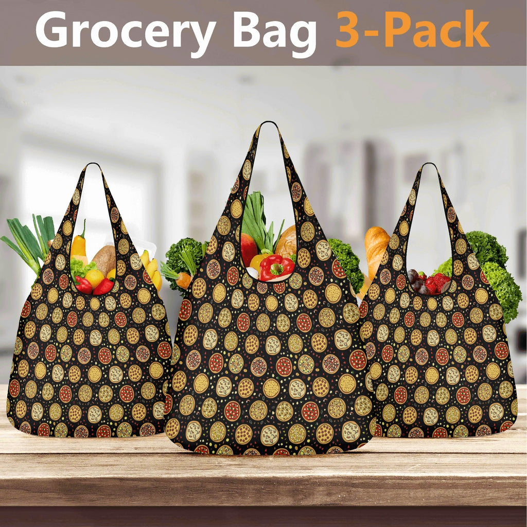 Round Pizzas On Black 3 Pack of Foldable Shopping Bags 3-Pack Shopping Bags Food Printed Offshore